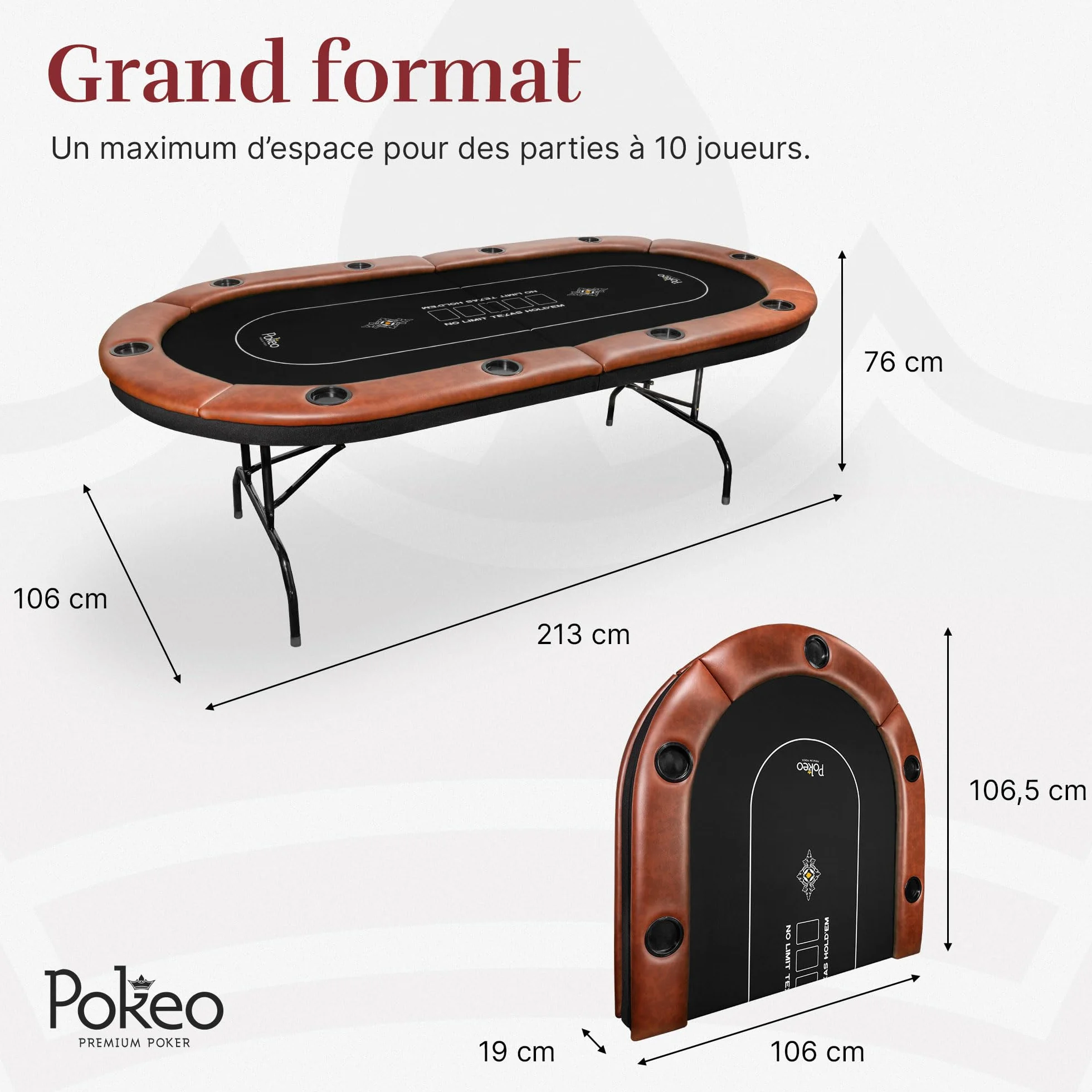 Mesa de Póker Plegable para 10 Jugadores – Tapete Negro – Compacta – Apoyabrazos PU Marrón – 10 Portavasos – Texas Hold'em Blackjack