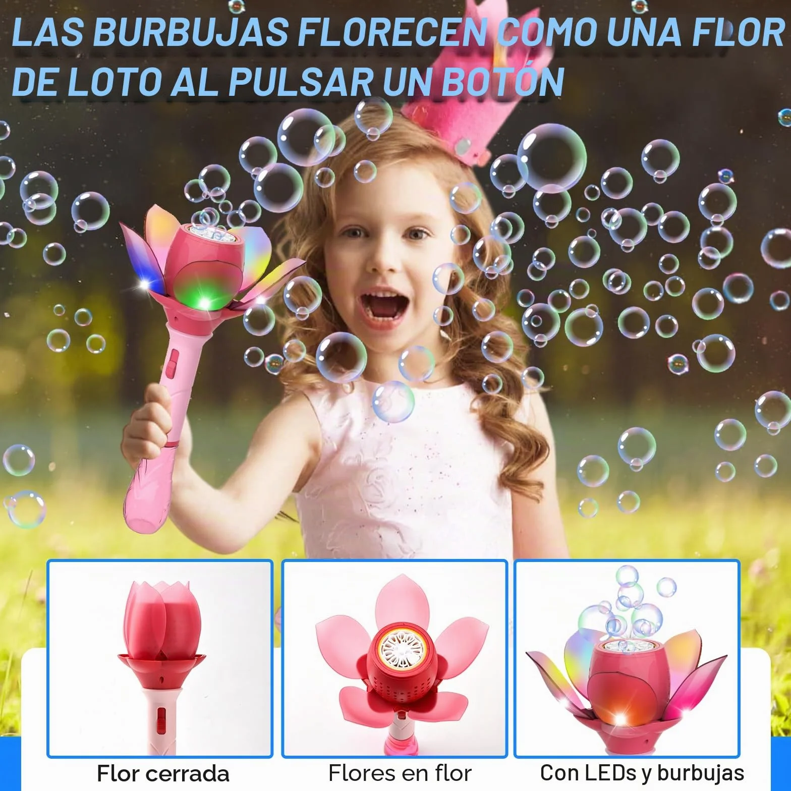 Flor de Loto Máquina de Burbujas, Pistola de Burbujas para Niños 10000+ Burbujas/Minuto, Pistola Pompas de Jabon Niños con 120ml solución y 8X 10ml Concentrado de Burbujas
