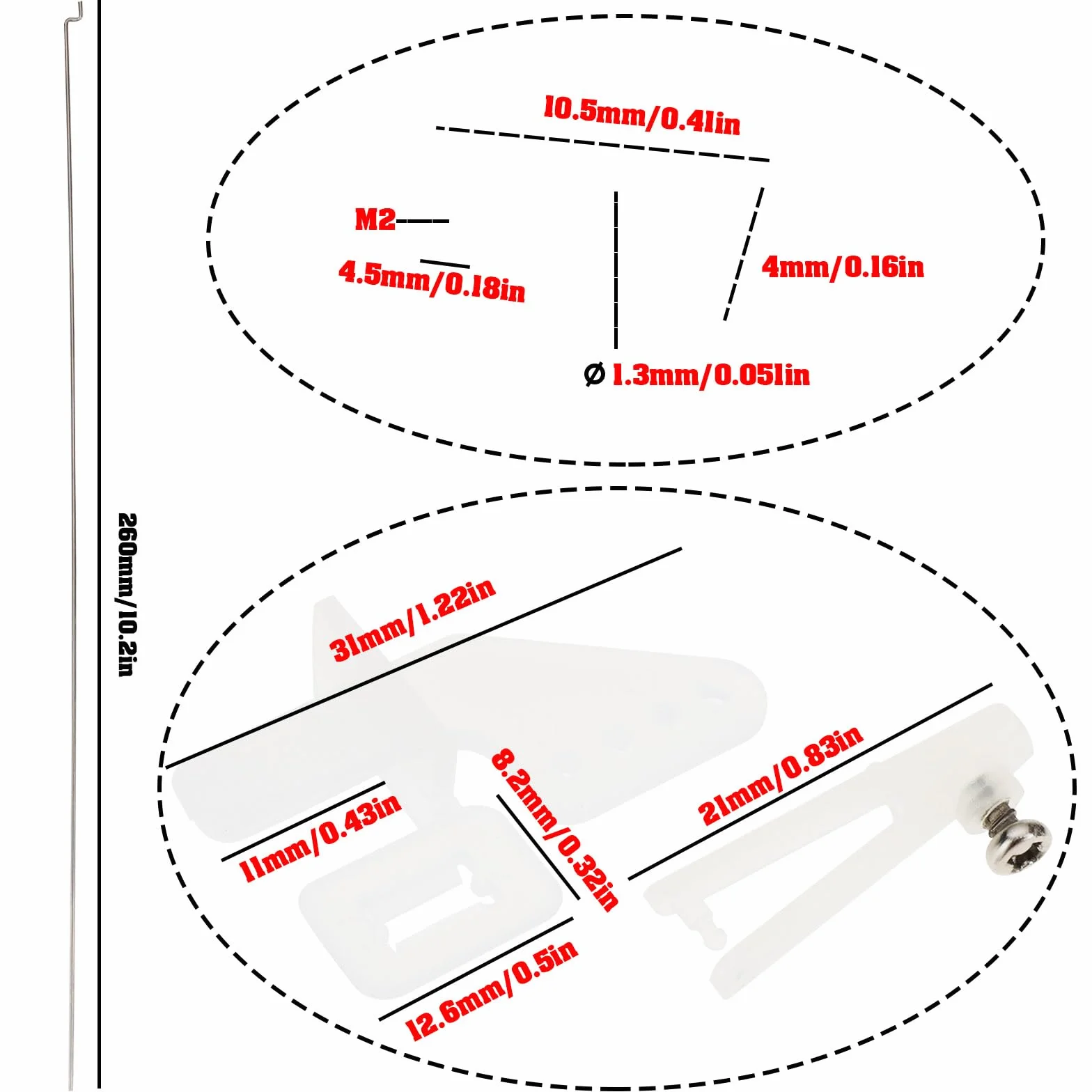 10 Juegos Kit Cuerno de Control Avión RC de ala Fija Varillas 1,2 mm x 260 mm Conector 1,3 mm Tope de Vínculo Ajustable