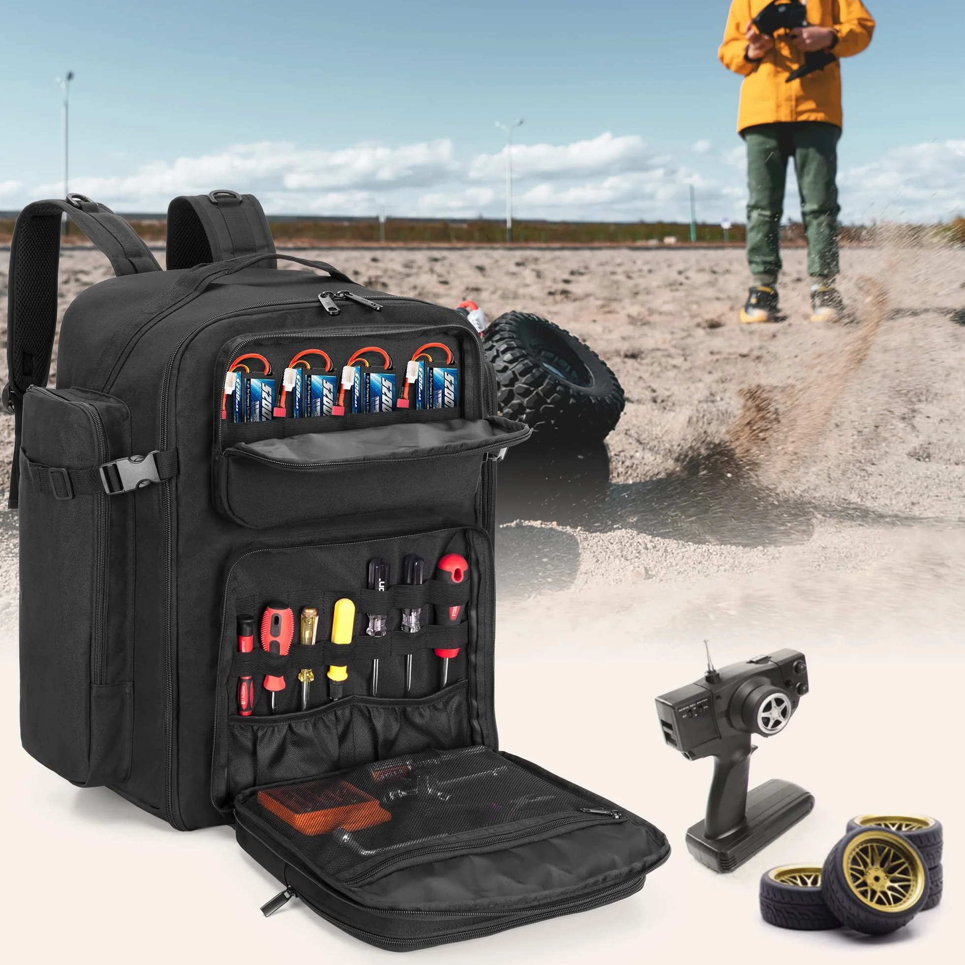 GOBUROS Mochila RC para coche 1/10, bolsa de almacenamiento con múltiples bolsillos