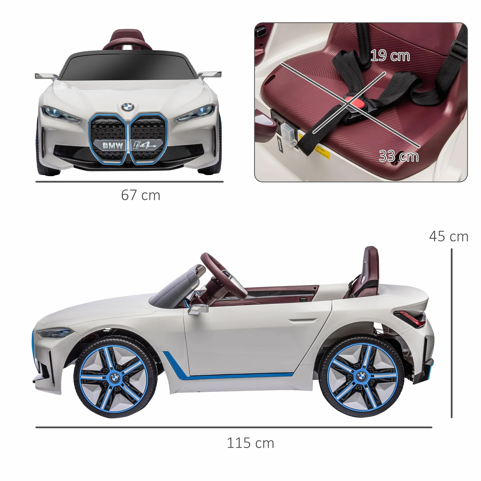 HOMCOM Coche Eléctrico para Niños BMW I4 12V con Control Remoto Música MP3 Pantalla Luces 115x67x45 cm Blanco