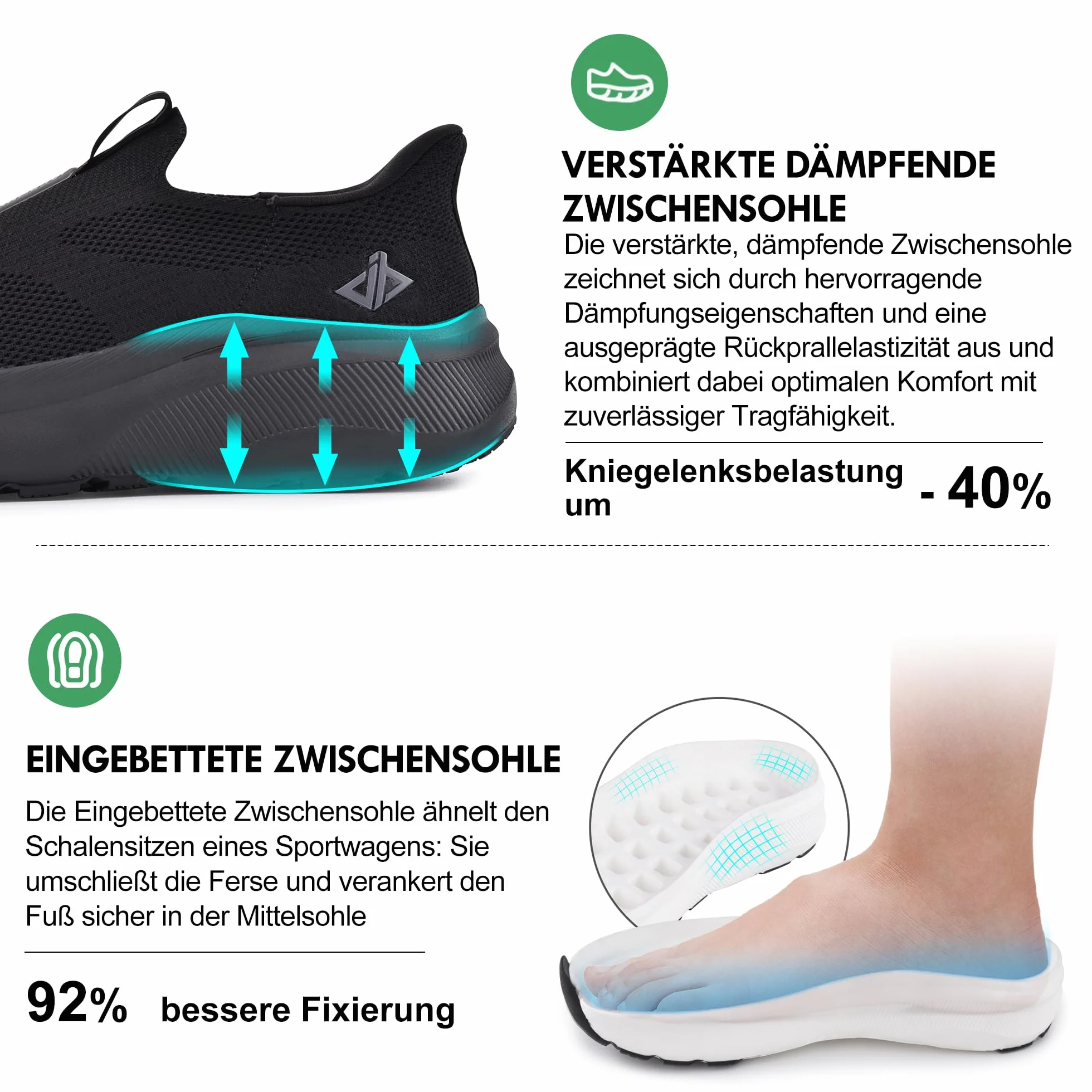 JACKSHIBO Zapatos Slip on Hombre Puntera Ancha Tacón Cero Espuma Viscoelástica Negro 44 EU