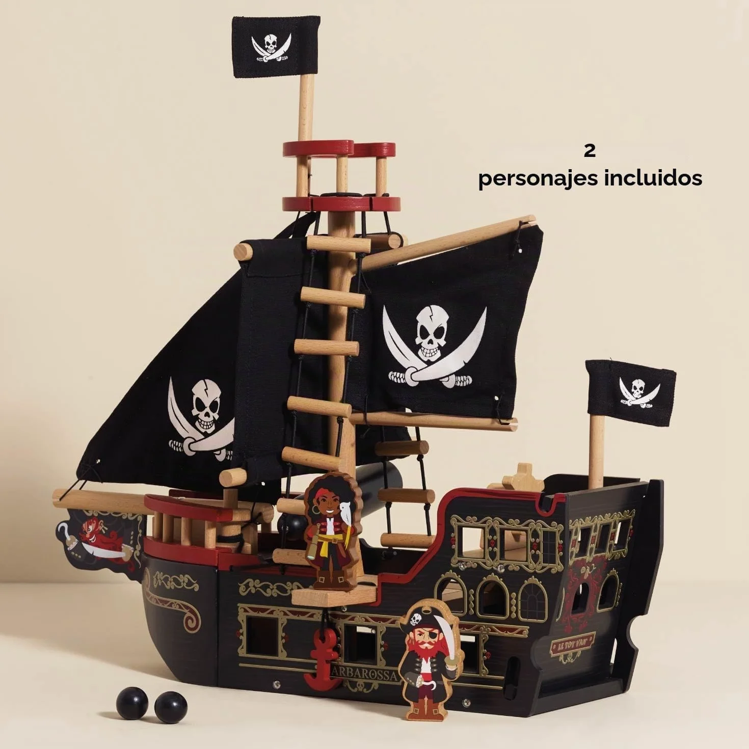 Le Toy Van - TV246 - Juego de Madera Galeón Pirata 3 años, Barco Pirata de Barbarroja, 2 Piratas incluidos, Brilla en la Oscuridad, 48 x 24 x 49 cm, Juegos ecológicos Montessori