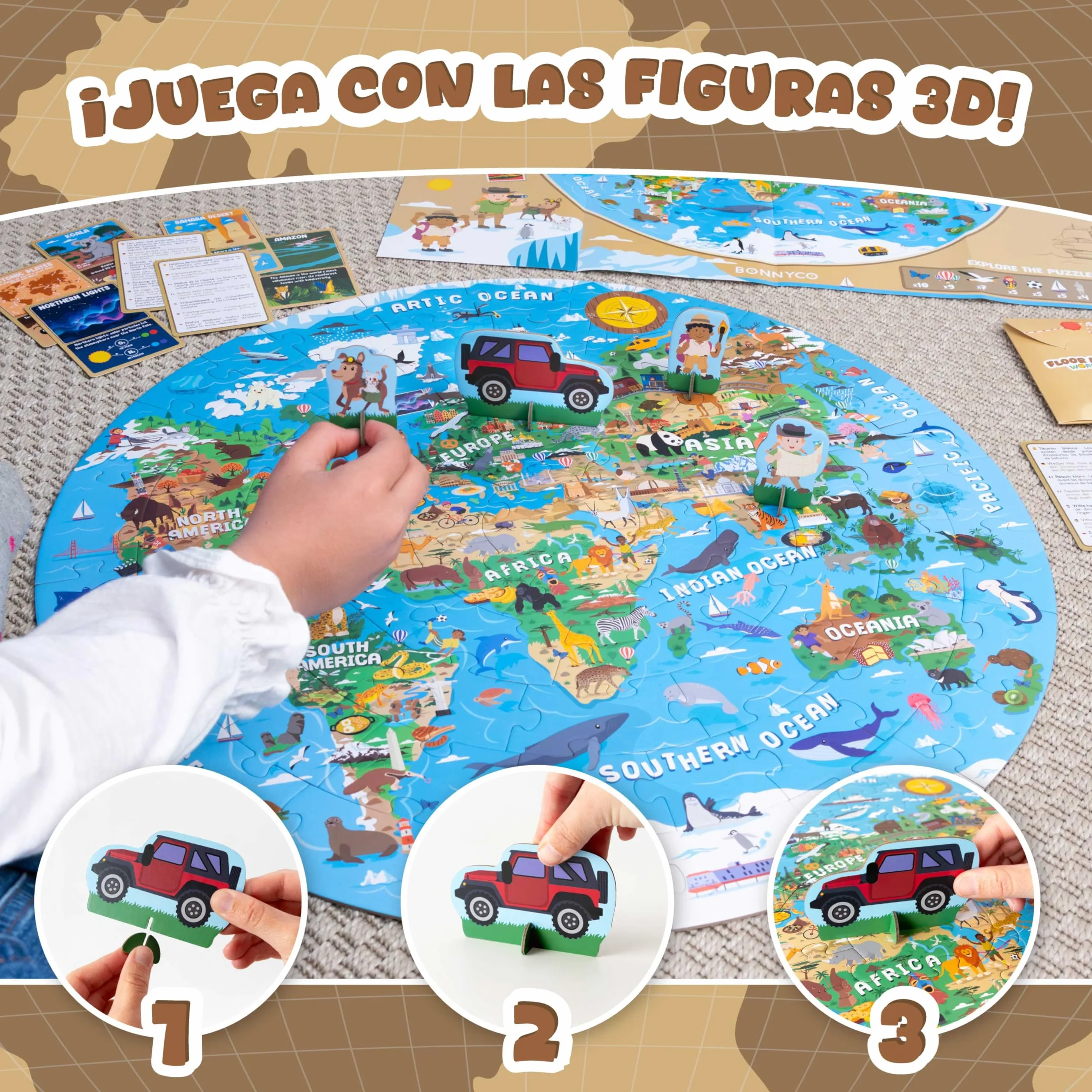 BONNYCO Puzzle XXL Mapa Mundi Niños con 70 Piezas Grandes. Rompecabezas Redondo con Animales, 58 x 58 cm, 15 Tarjetas, 4 Figuras y Guía. Juegos Educativos, Regalos, Juguetes Niños 4 Años