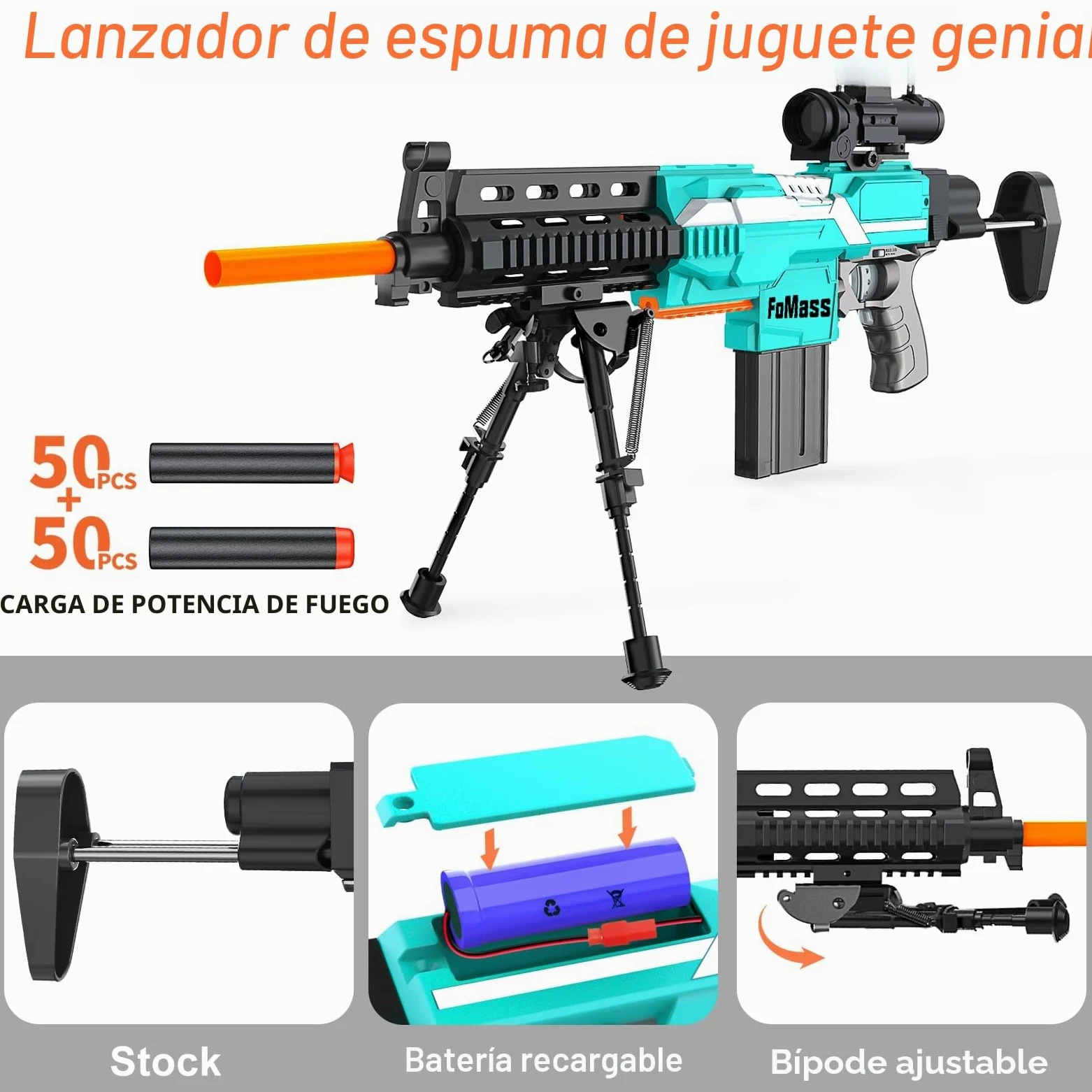 Pistola de Juguete eléctrica para niños, 3 Modos, 50 pies, 2 revistas, 100 Dardos, Recargable, 6 años en adelante, niños
