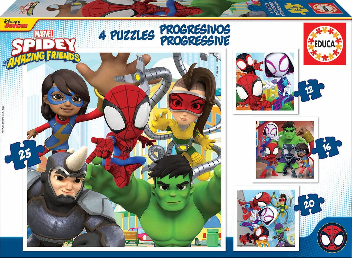 Educa - Progresivos Spidey and His Amazing Friends 12-16-20-25 4 Puzzles progresivos de cartón con 12-16-20-25 Piezas Medida aproximada de Cada Puzzle 16 x 16 cm A Partir de 3 años (19295)