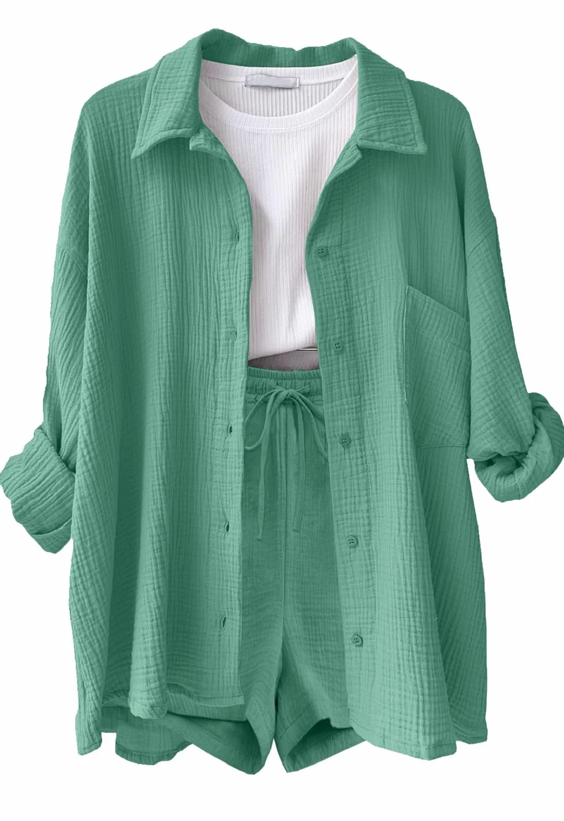 Conjuntos Mujer Verano Casual Dos Piezas Pantalon Cortos Blusa Elegante Lino Chándal Camisa Manga Larga Ropa Playa Bolsillos