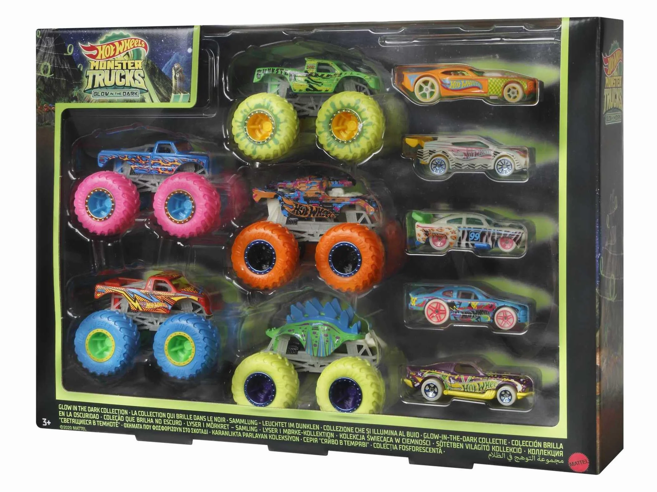 Hot Wheels Multipack Glow in The Dark™ Monster Trucks 10 vehículos de Juguete: 5 Monster Trucks y 5 Coches a Escala 1:64, Regalo Coleccionable para niños de Entre 4 y 8 años, HCB57