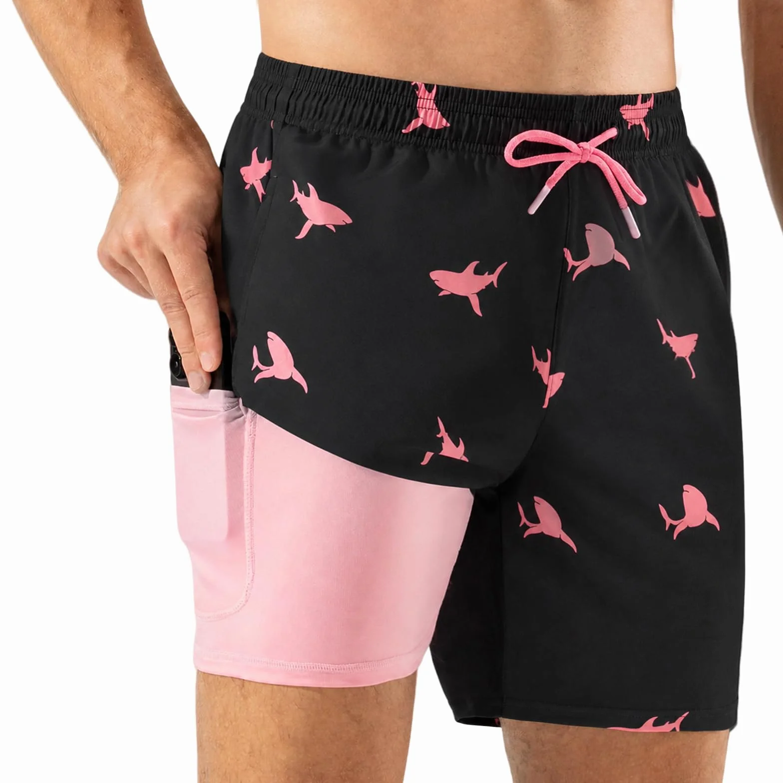 Bañador Hombre Corto 2 en 1 con Forro de Compresión Secado Rápido Impermeable Bolsillos Cremallera Short Playa Surf