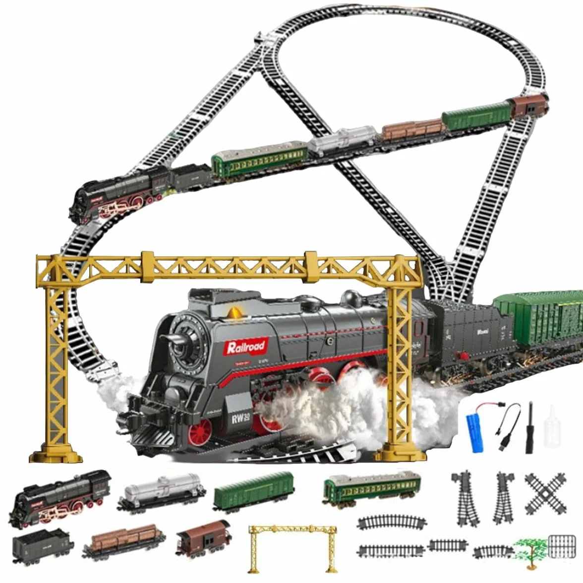 Modelo de locomotora de vapor, juego de tren de Navidad eléctrico RC con carro y pista larga, decoración del hogar y juguetes para entusiastas de los trenes