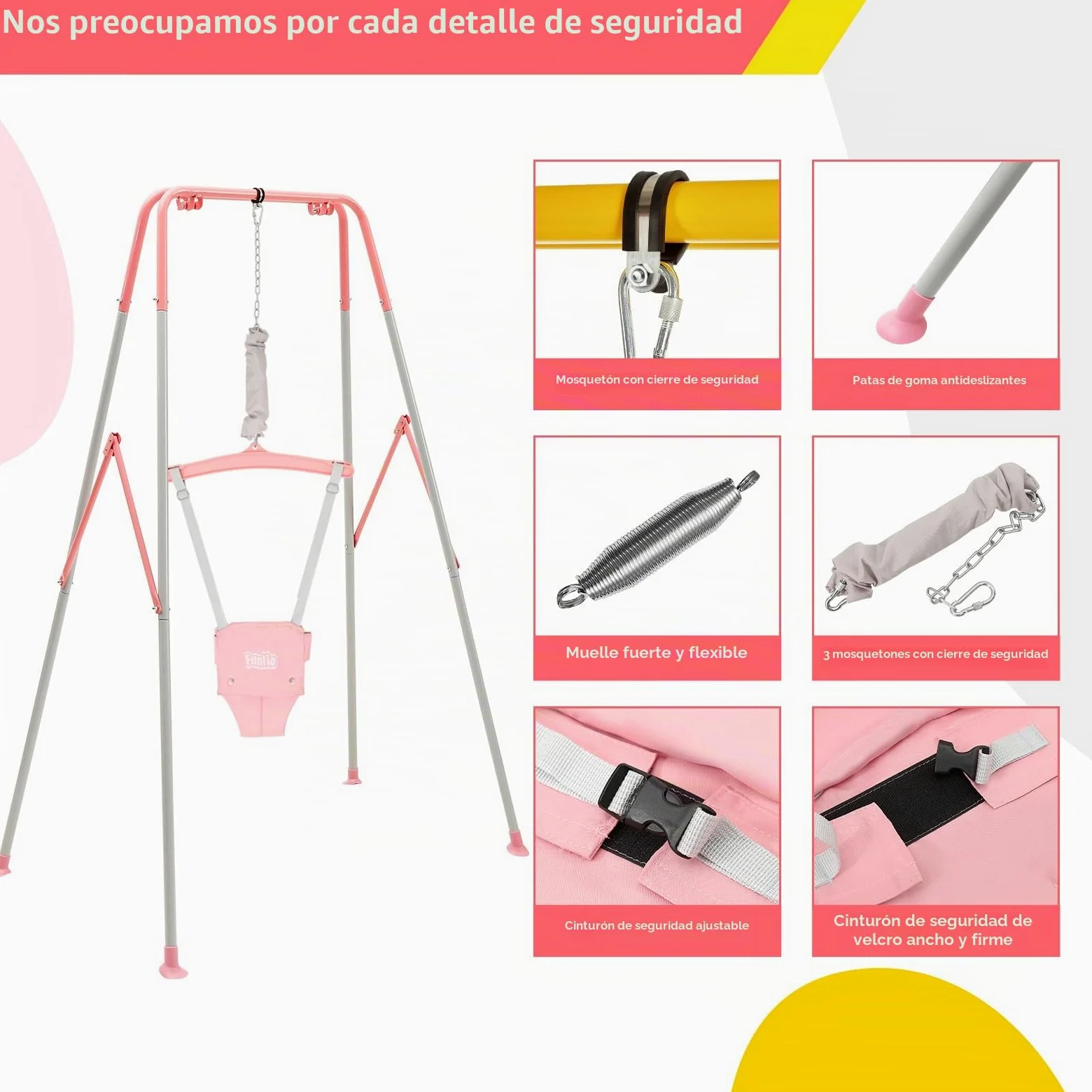 FUNLIO Saltador de Puerta con Soporte para bebé （6-24 Meses Juego de Ejercicio de Columpio para Jugar en Interiores/Exteriores para bebé niña/niño, con Cadena Ajustable, fácil de Montar - Rosa