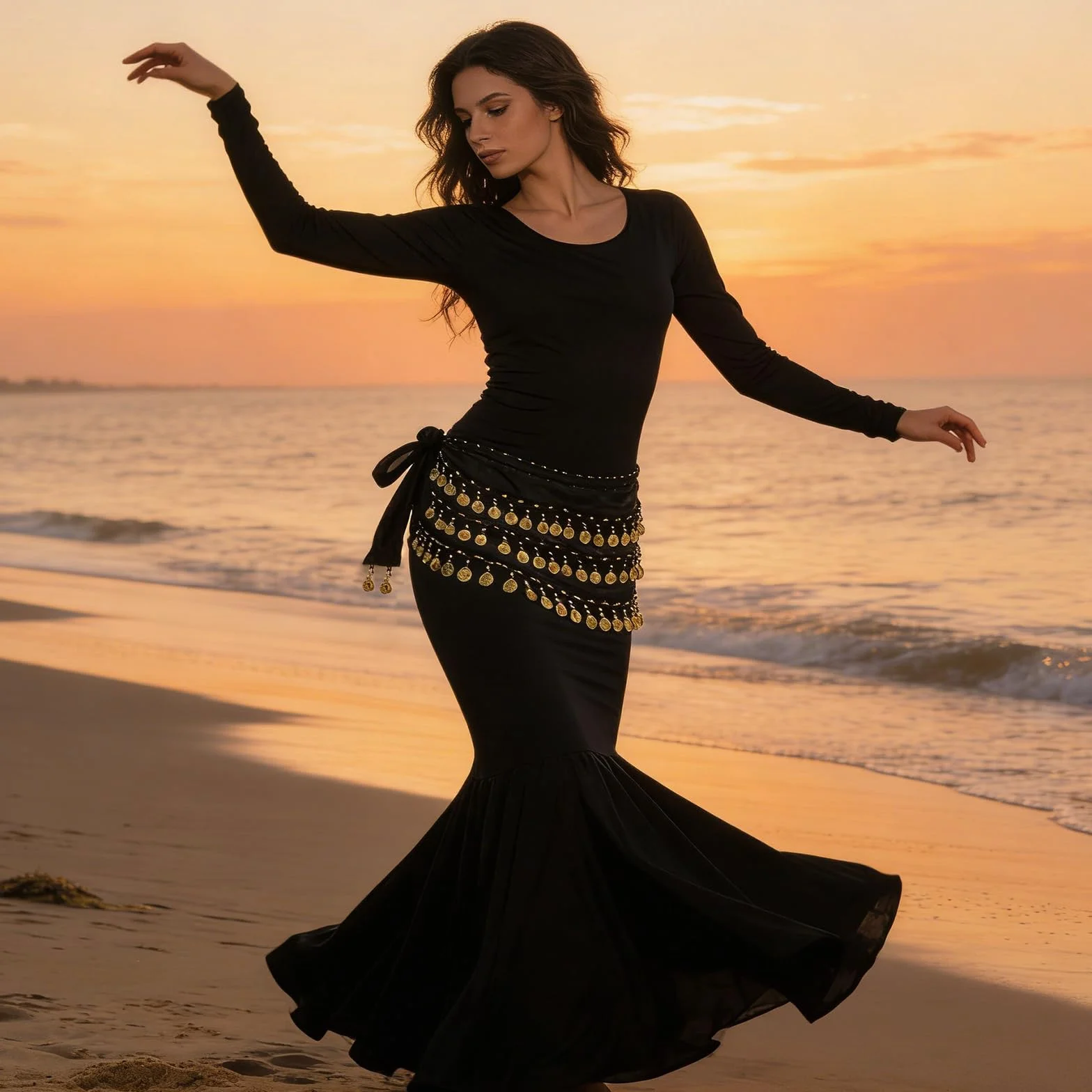 Cinturón Danza del Vientre Negro 2 Piezas, Falda de Gasa 145 cm, Traje de Actuación para Mujeres