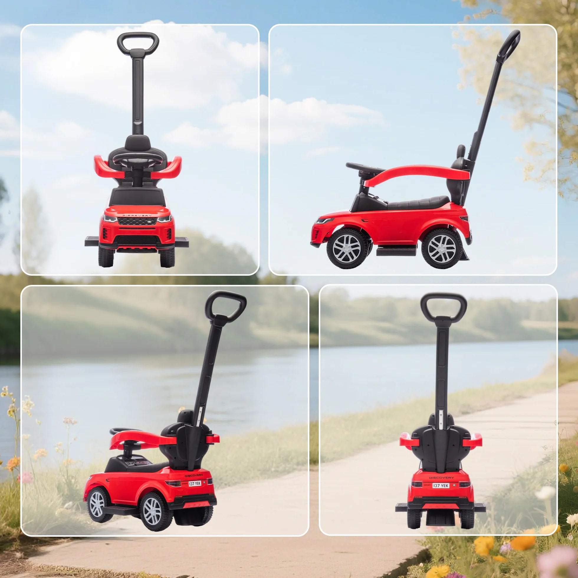 AIYAPLAY Coche Correpasillos 2 en 1 para Niños de 18-36 Meses Land Rover Discovery, Correpasillos con Espacio de Almacenaje, Bocina, Volante, Mango de Empuje y Barandilla Extraíbles, Rojo