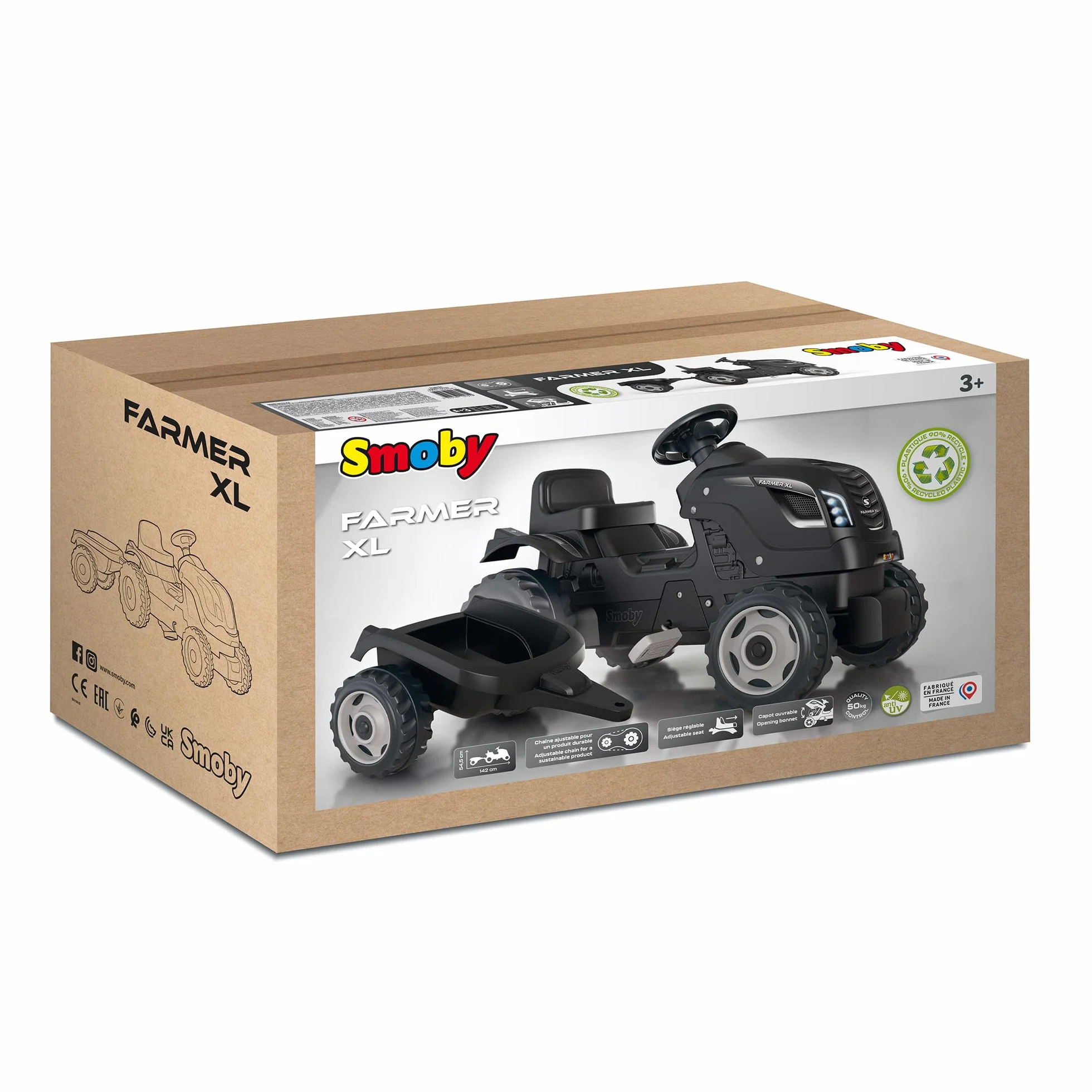 Smoby- Tractor Infantil con Pedales Farmer XL Negro, Muy Resistente, con Remolque, Volante con Bocina, Asiento Ajustable, A Partir de 3 Años (7600710131)