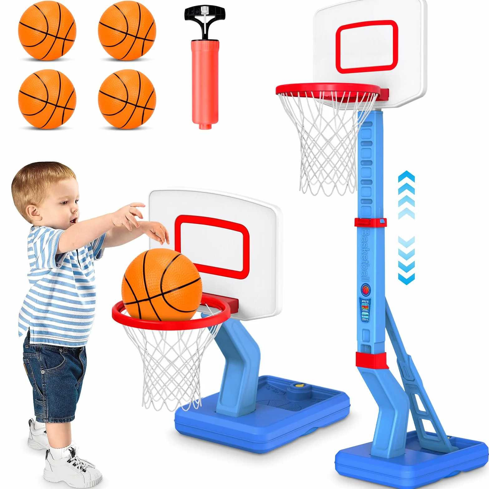 Canasta Baloncesto Infantil, Altura Ajustable 70-138 cm,Mini Canasta de Baloncesto para Interior y Exterior,Regalos Cumpleaños para niños de 3 a 8 años-Azul