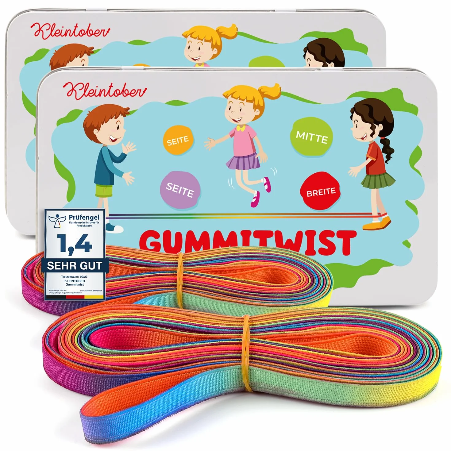 Kleintober Set de 2 Gomas elásticas para niños Premium I Twister I Juguete para Interior y Exterior I Banda arcoíris I con Instrucciones para Juegos I niños y niñas