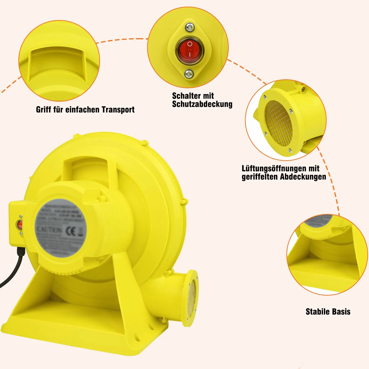 Froadp 750W Ventilador de Aire para Castillo Hinchable 220-240V Bomba Inflable Eléctrica con Mango y Pica de Tierra Ventilador Centrífugo Hinchable Soplador para Juegos Inflables (Amarillo+Naranja)