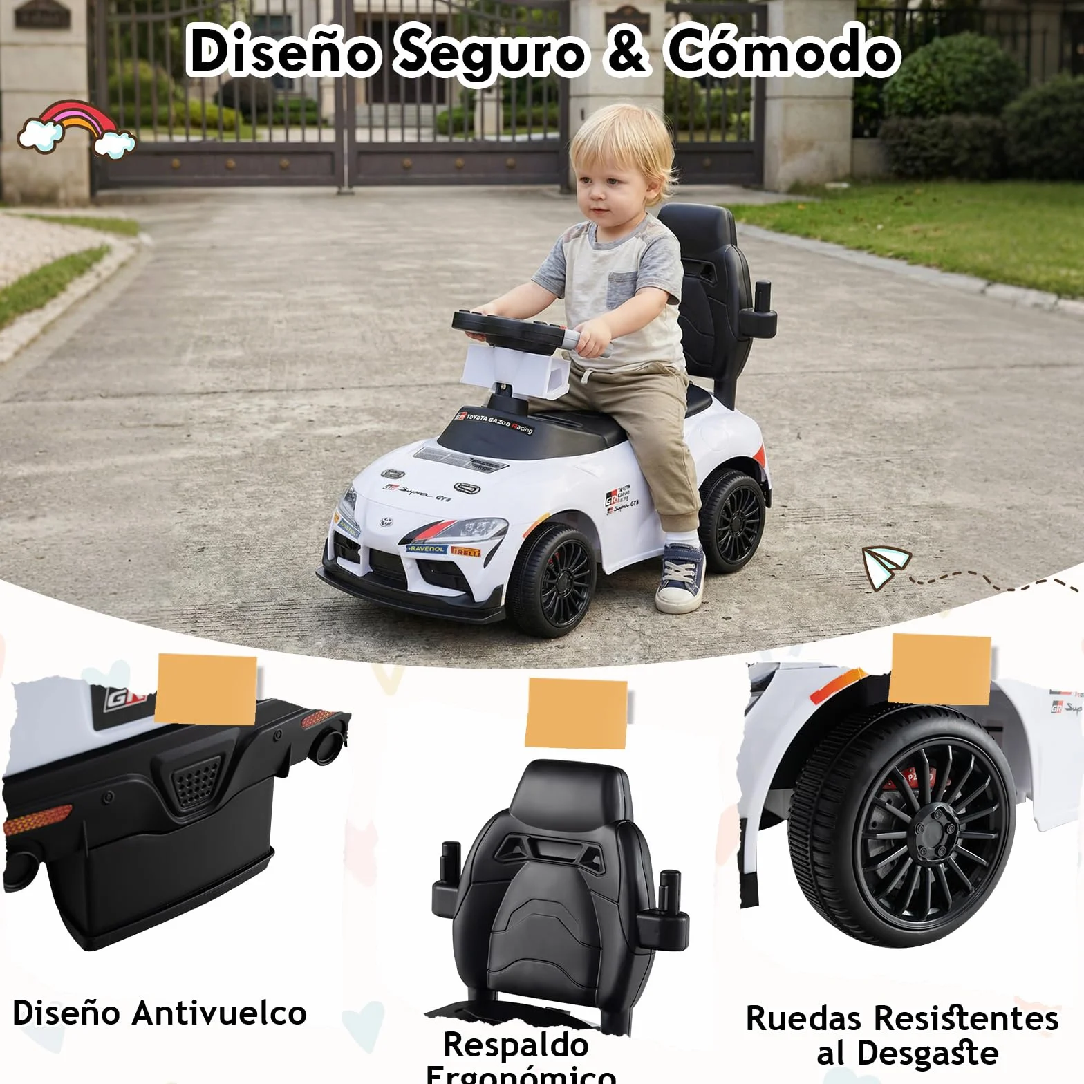 GOPLUS Correpasillo 3 en 1, Coche Correpasillos para Niños con Barra de Empuje, Barandilla de Seguridad Desmontables, Volante con Sonido y Música, Almacenaje bajo Asiento, para 1,5-5 Años (Blanco)