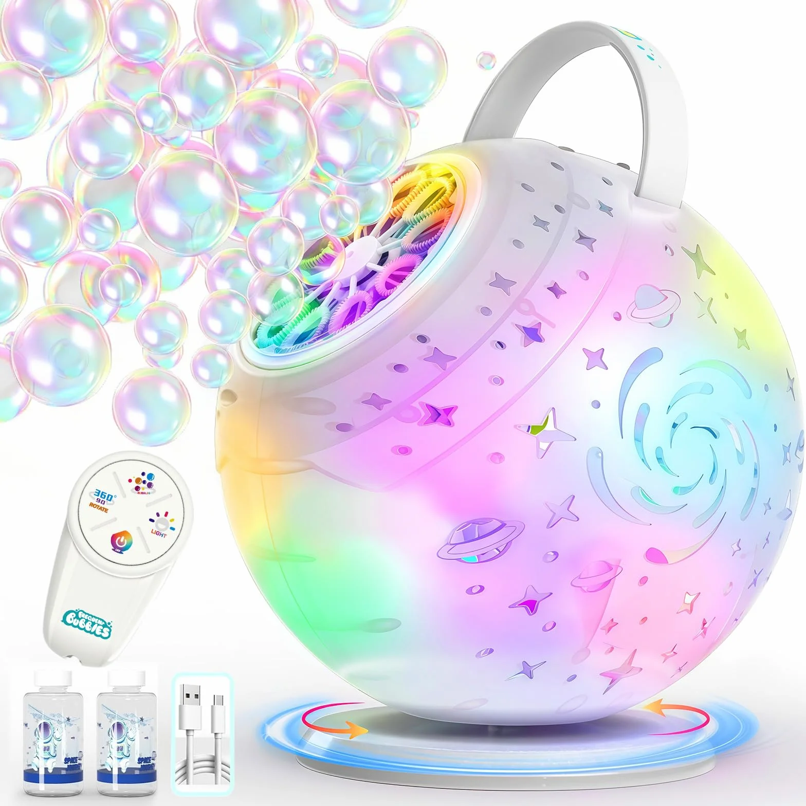 Tecnock Máquina de Burbujas Recargable con Mando a Distancia, Rotación 90°/360°, 20000+ Burbujas/Min, Luces LED de 7 Colores, Batería 1200 mAh, 45 Min de Autonomía, USB-C, para Niños, Fiestas y Bodas