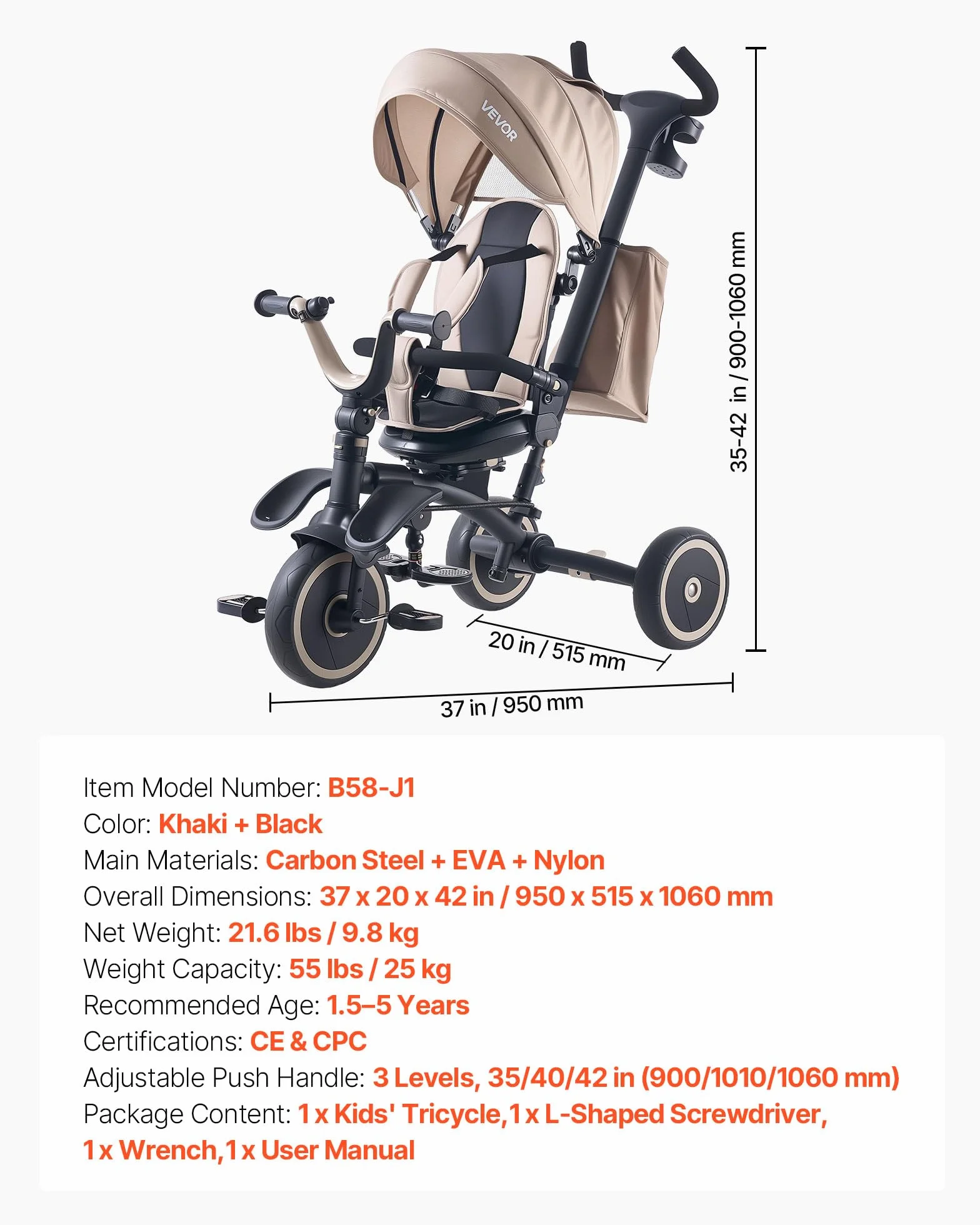 VEVOR Triciclos Plegable para Niños de 1,5 a 5 Años, Triciclo Infantil con Manillar de Empuje, Capota, Asiento Giratorio, Espacio de Almacenamiento, Cuadro de Acero al Carbono, Caqui y Negro