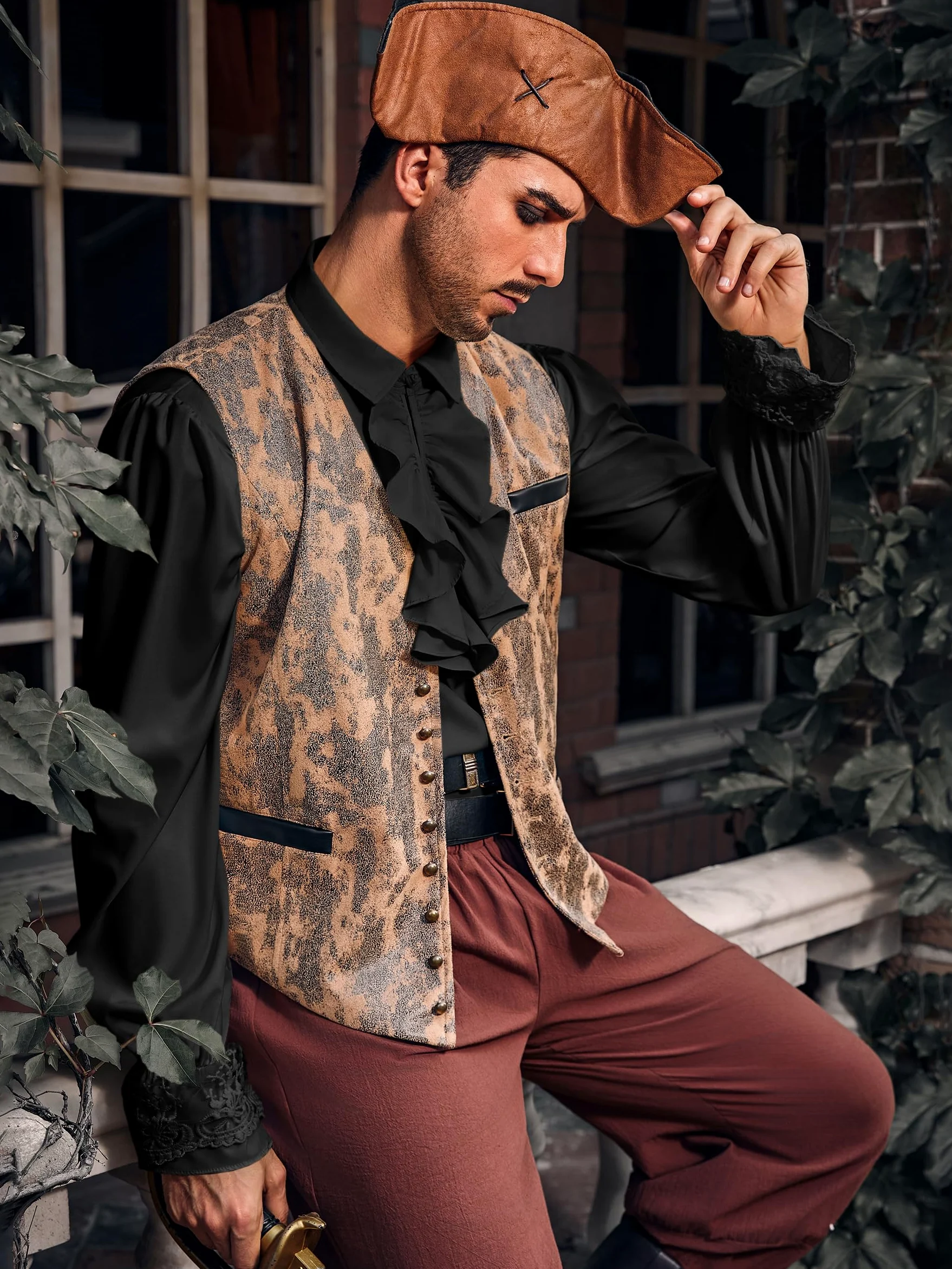 Runcati Camisa pirata para hombre, con volantes, victoriana, renacentista, steampunk, vampiro, poeta, disfraz medieval de Halloween, 01 Negro, Small