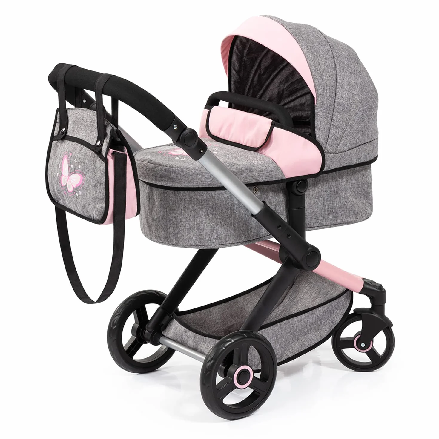 Bayer Design 17033AA Cochecito de muñeca Combi Xeo, Carro para muñecos, Bolsa, Convertible, Regulable en Altura