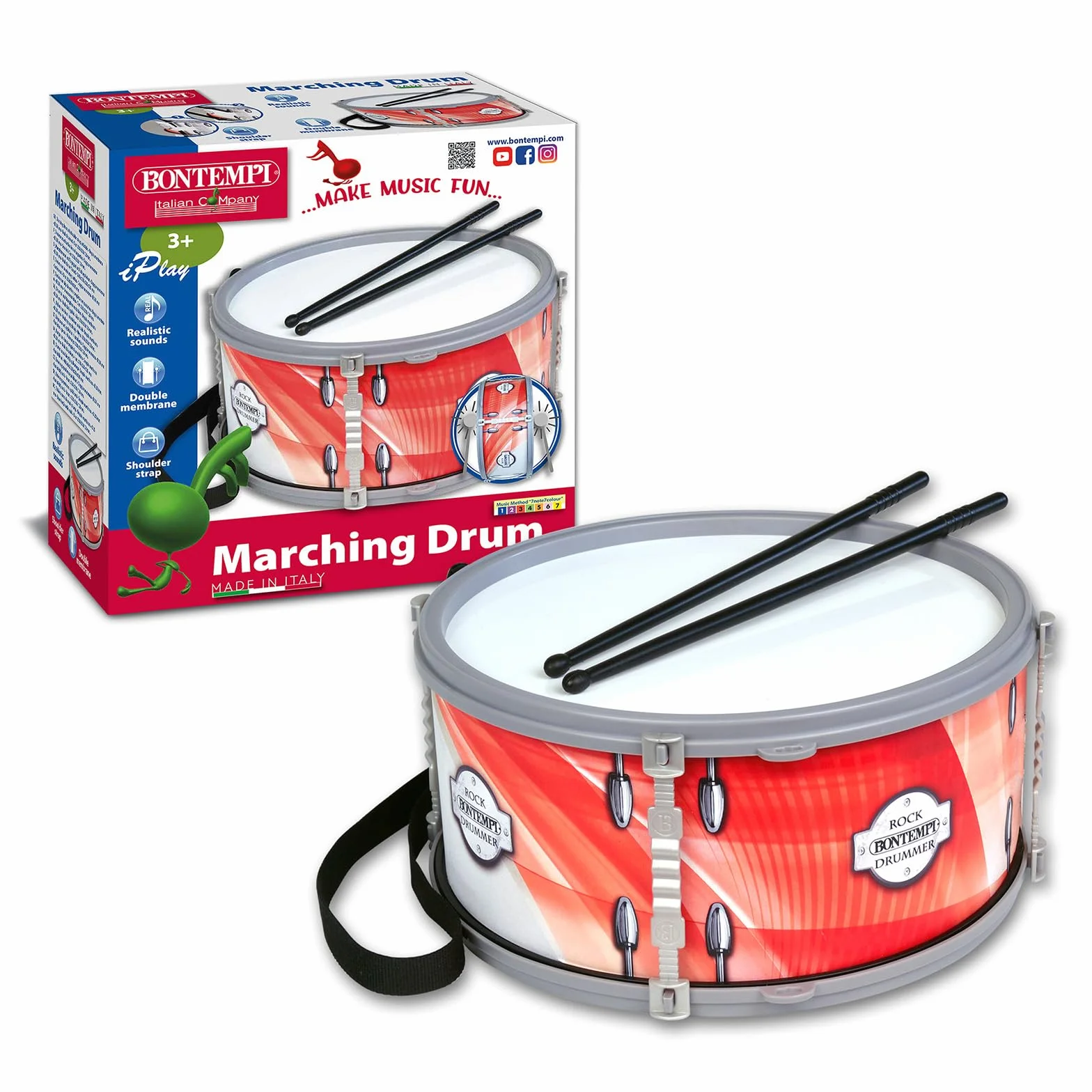 Bontempi | BeatMaster – Tambor con Doble Membrana, Correa y Varillas de 25 cm para una Experiencia rítmica Completa, Rojo, 25 x 25 x 12 cm