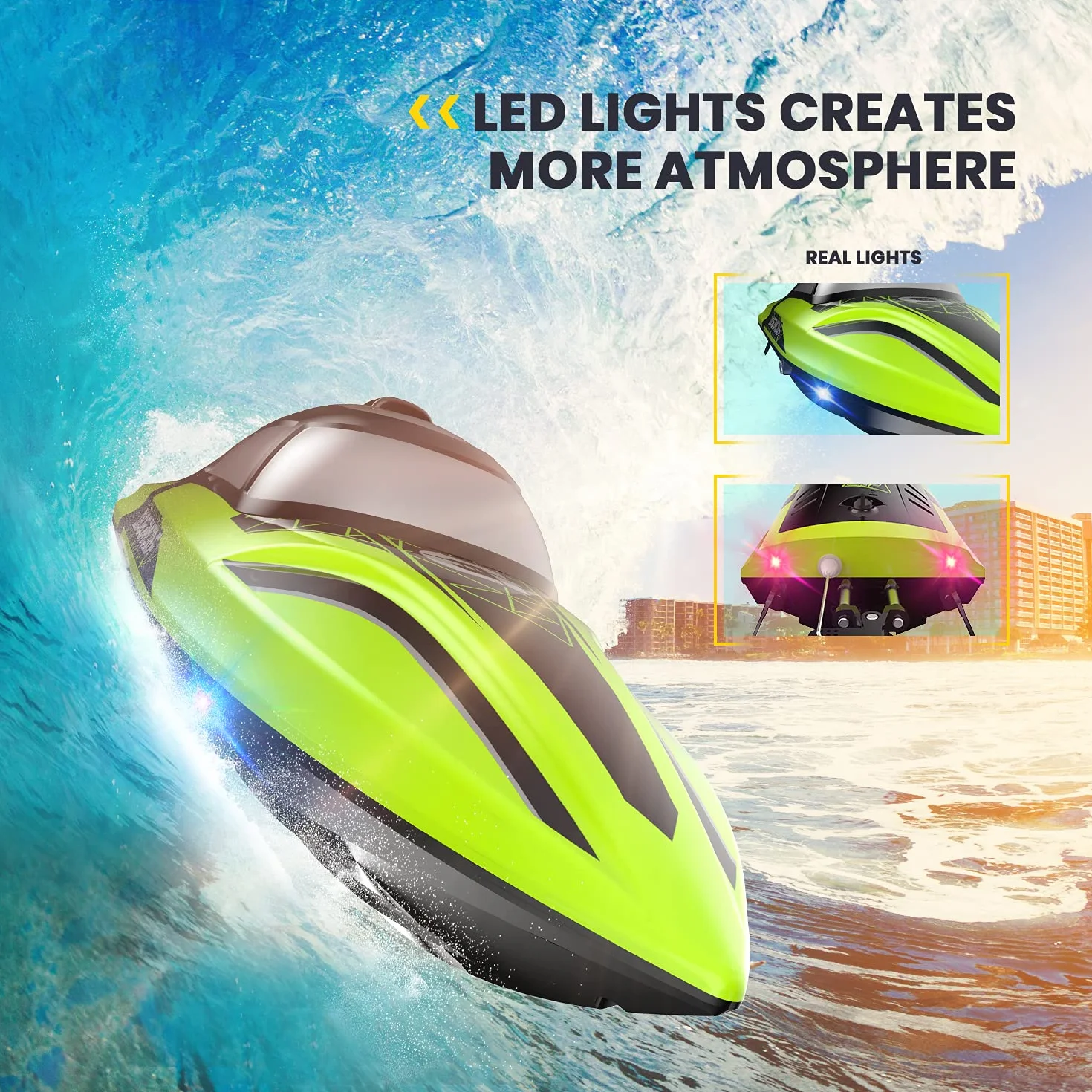 DEERC Barco RC con luz LED, más de 30 Minutos, para Piscinas y Lagos más de 20 mph, Barcos de Carreras de 2,4 GHz, 2 baterías, Juguetes de Piscina para niños, embarcaciones controladas por Radio