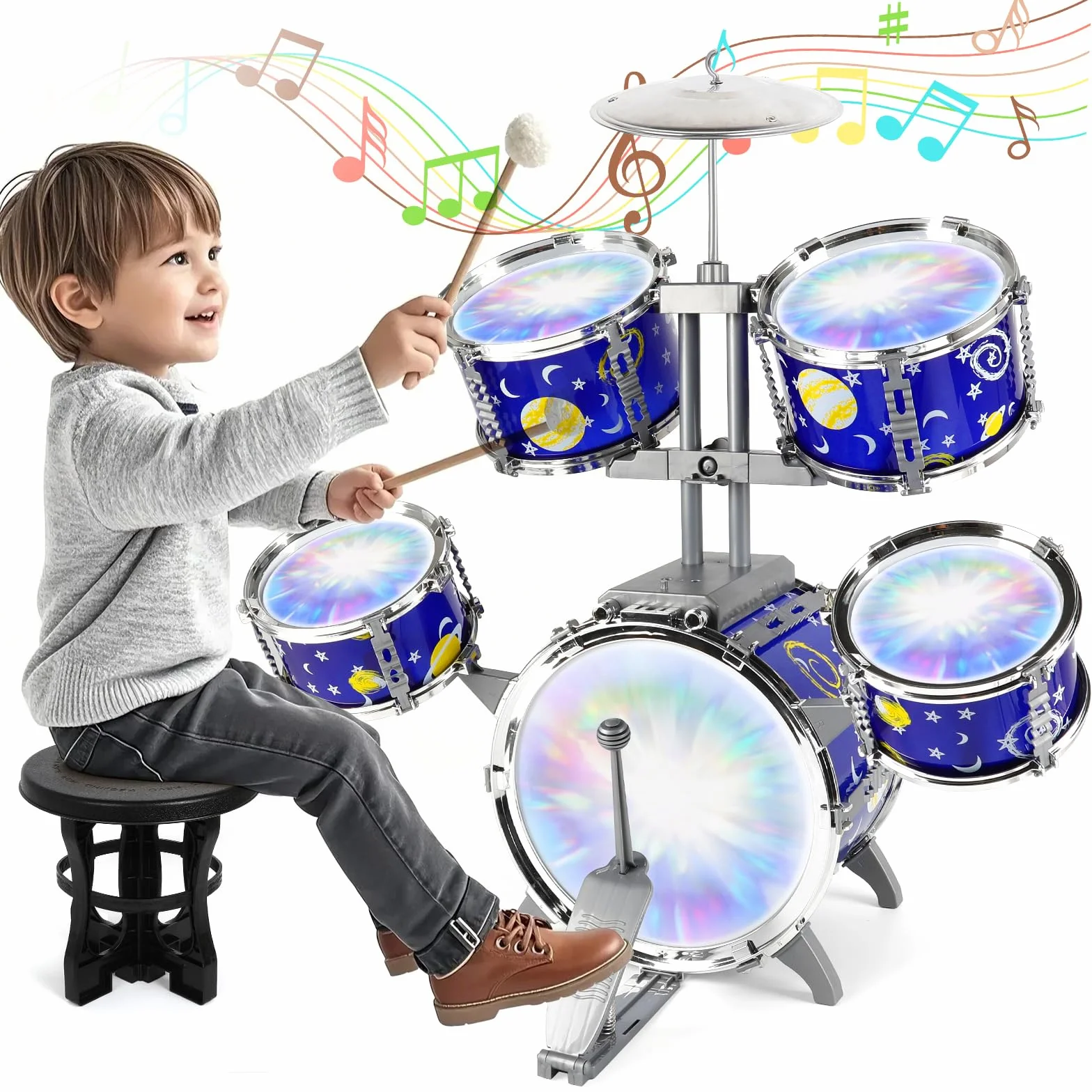 Bateria Infantil Musicales Niños con Luces y Kit de Tambores, Jazz Tambores con Taburete, Instrumentos Educativos para Niños 2-6 Años