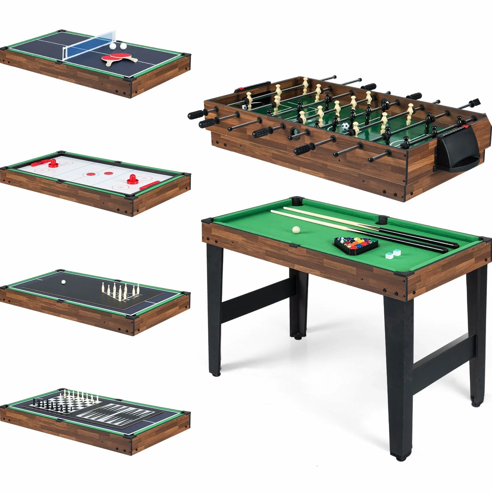 GOPLUS Mesa de Juegos 10 en 1, Mesa Multifuncional con Futbolín, Hockey de Aire, Billar, Ping Pong, Shuffleboard, Bolos, Ajedrez, Damas, Backgammon, Set Apilable para Hogar, Oficina, Bar