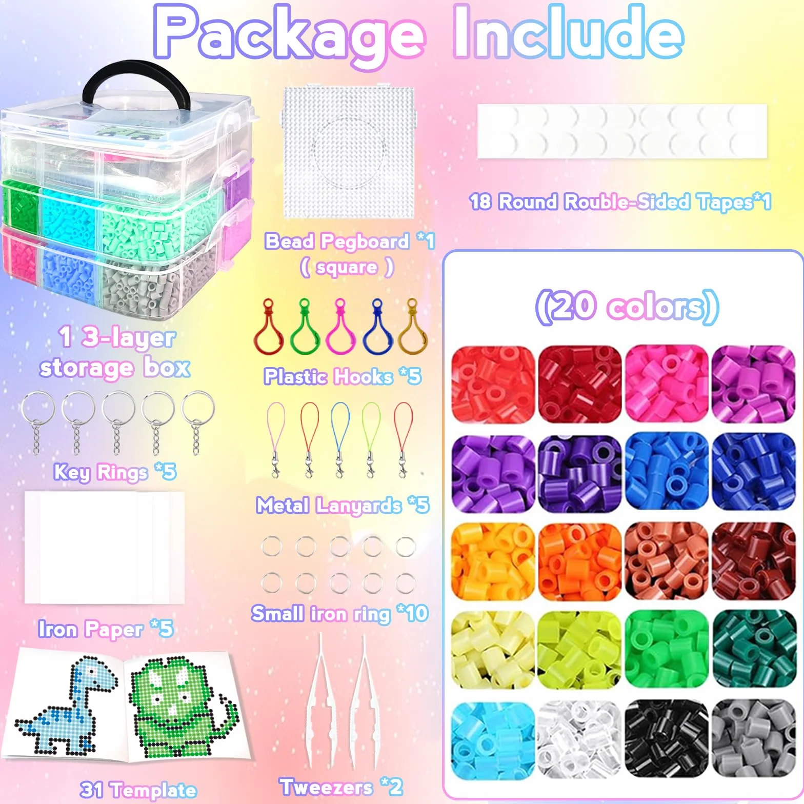 Cuentas Para Planchar, 11000 Piezas 5MM Abalorios Fusibles de 20 Colores Set con Caja de Almacenamiento, Guía del Usuario, Diseño DIY de Joyas.Kit Manualidades Niños, Regalo Navidad y Cumpleaños