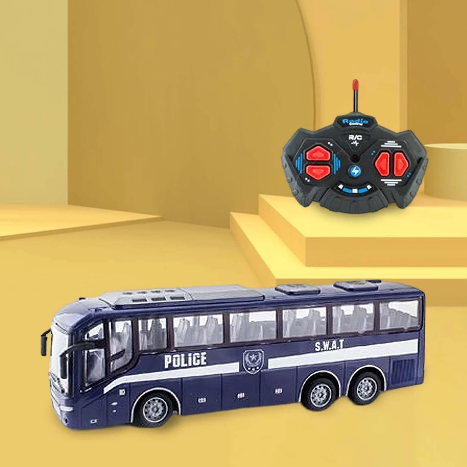 Autobús Escolar Coche de Juguete RC Modelo a Control Remoto con Luces y Ruedas Antideslizantes Trabajo Preciso y Mando Completo Adecuado para Niños, Azul