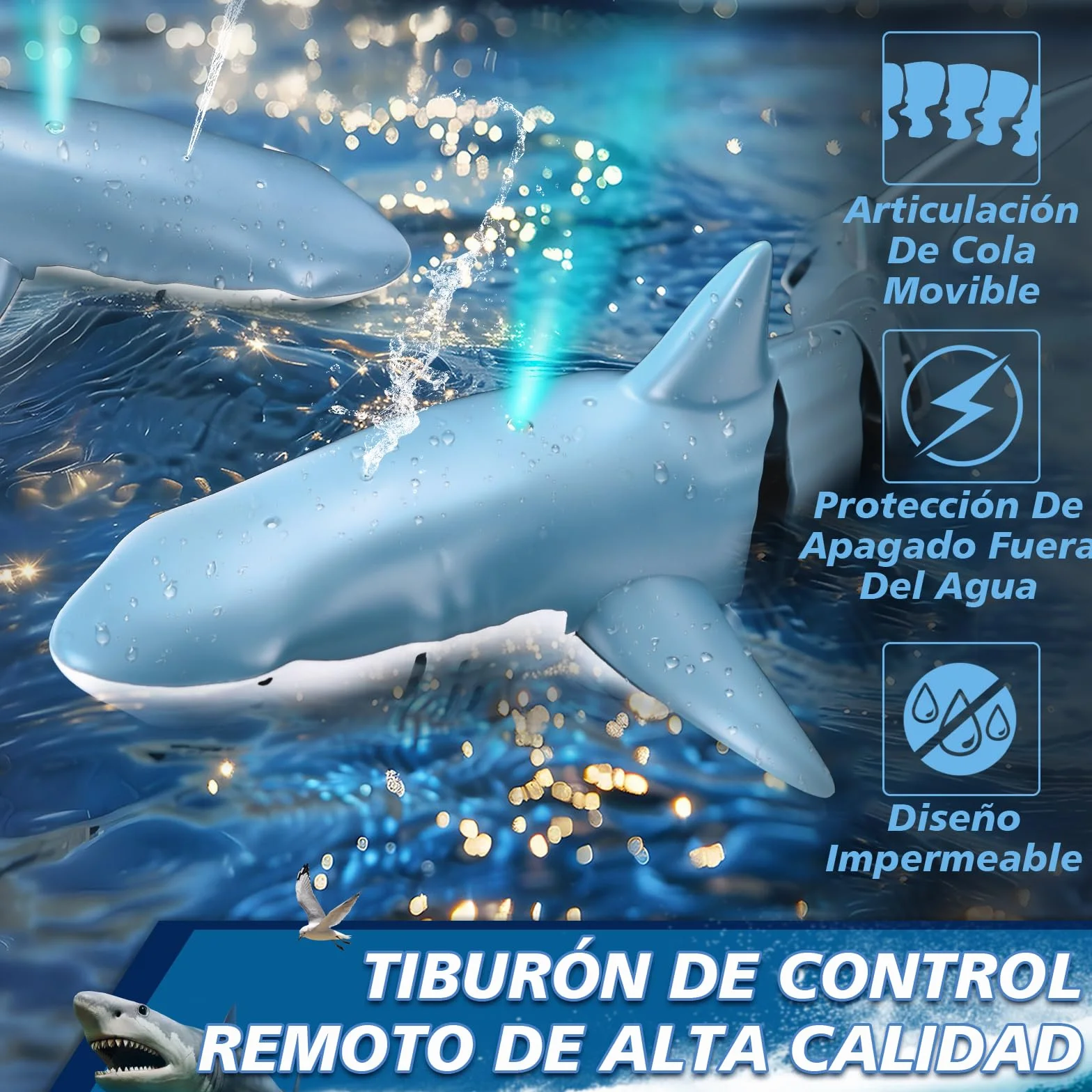 YOOHBERRYS Tiburon Teledirigido, 2.4GHz Tiburon Teledirigido Acuatico, RC Barco Tiburón con Luces y Chorros de Agua, Juguete de Piscina Regalo para 6+ Años Niño Niña