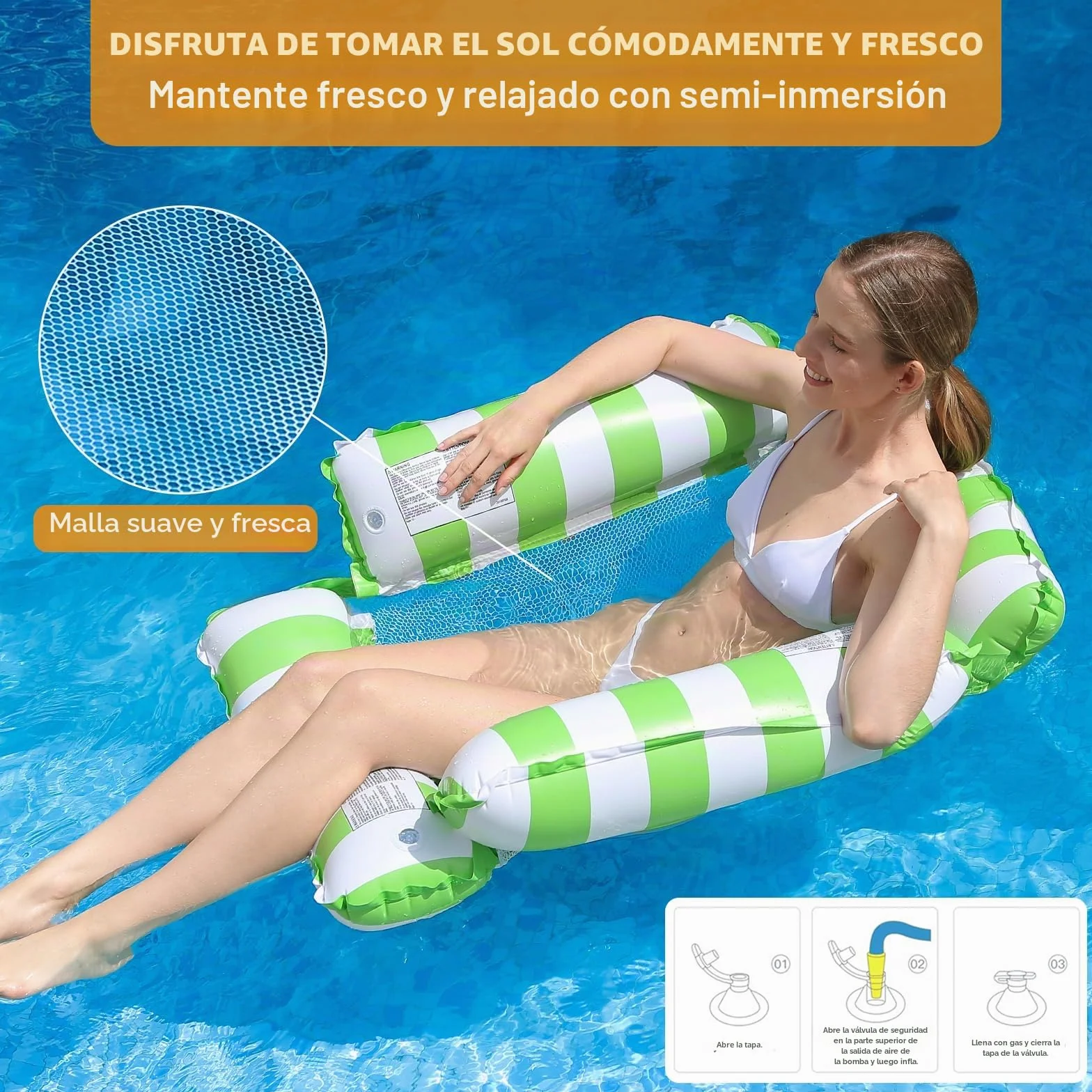 Hamaca Hinchable Piscina 4 en 1 para Adultos, Flotador Piscina con Red, Colchoneta Hinchable Playa y Piscina, Silla Flotante para Relax, Fácil de Inflar, Ideal para Verano y Vacaciones