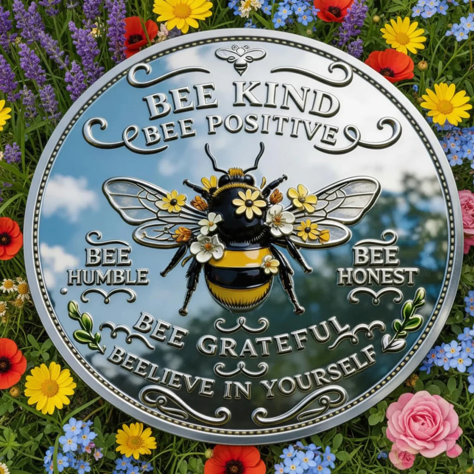Moneda de positividad tipo abeja, ficha de abeja inspiradora de doble cara con diseño de girasol y laurel, moneda de desafío motivacional para la afirmación diaria (3pcs)