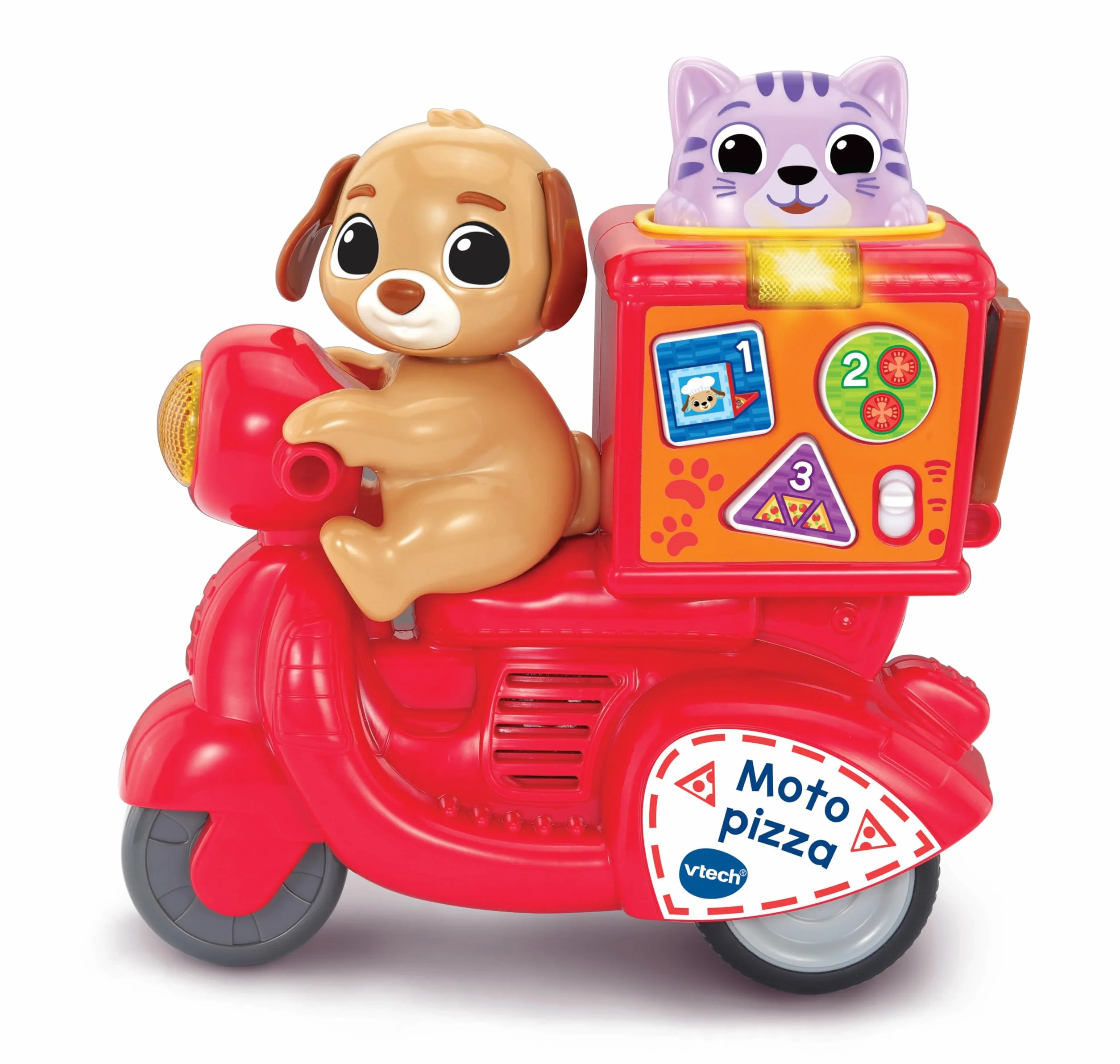 VTech-Baby Moto Pizza Entrega exprés, Vehículo Interactivo, Sonidos realistas, Enseña Formas, números y Colores, Juguete para bebés +12 Meses, Versión ESP