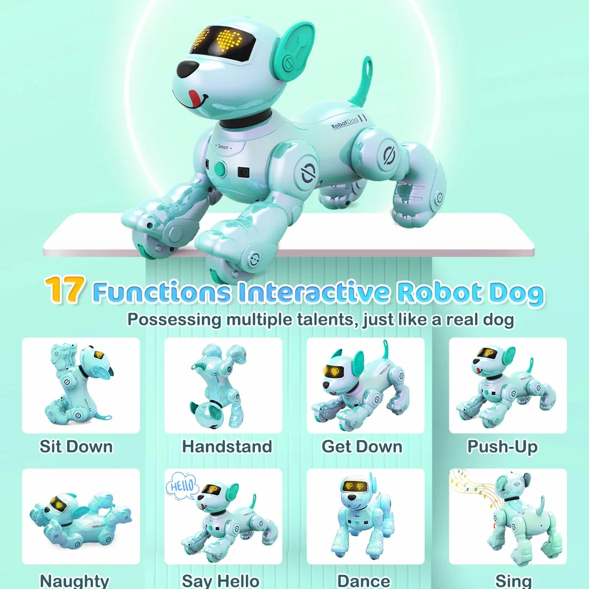 VATOS Perro Robot Recargable para Niños, Perro Robot con Control Remoto, Programable,17 Funciones Interactivas y Volumen Ajustable; Juguete de Cachorro Robot Que Canta y Baila, Regalo para Niños,Azul