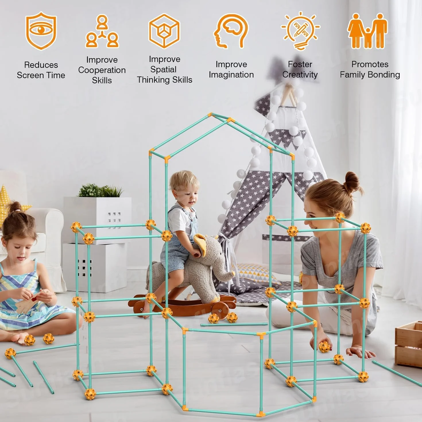 Kit de Construcción Fuertes, DIY Puzzle Casa Juguete, 140Pcs Juguetes Educativos, Bricolaje Construcción, Castillos Túneles, Jugar Tienda de Campaña, Casa Regalo para 3+ Años(Excluyendo paño Suave)