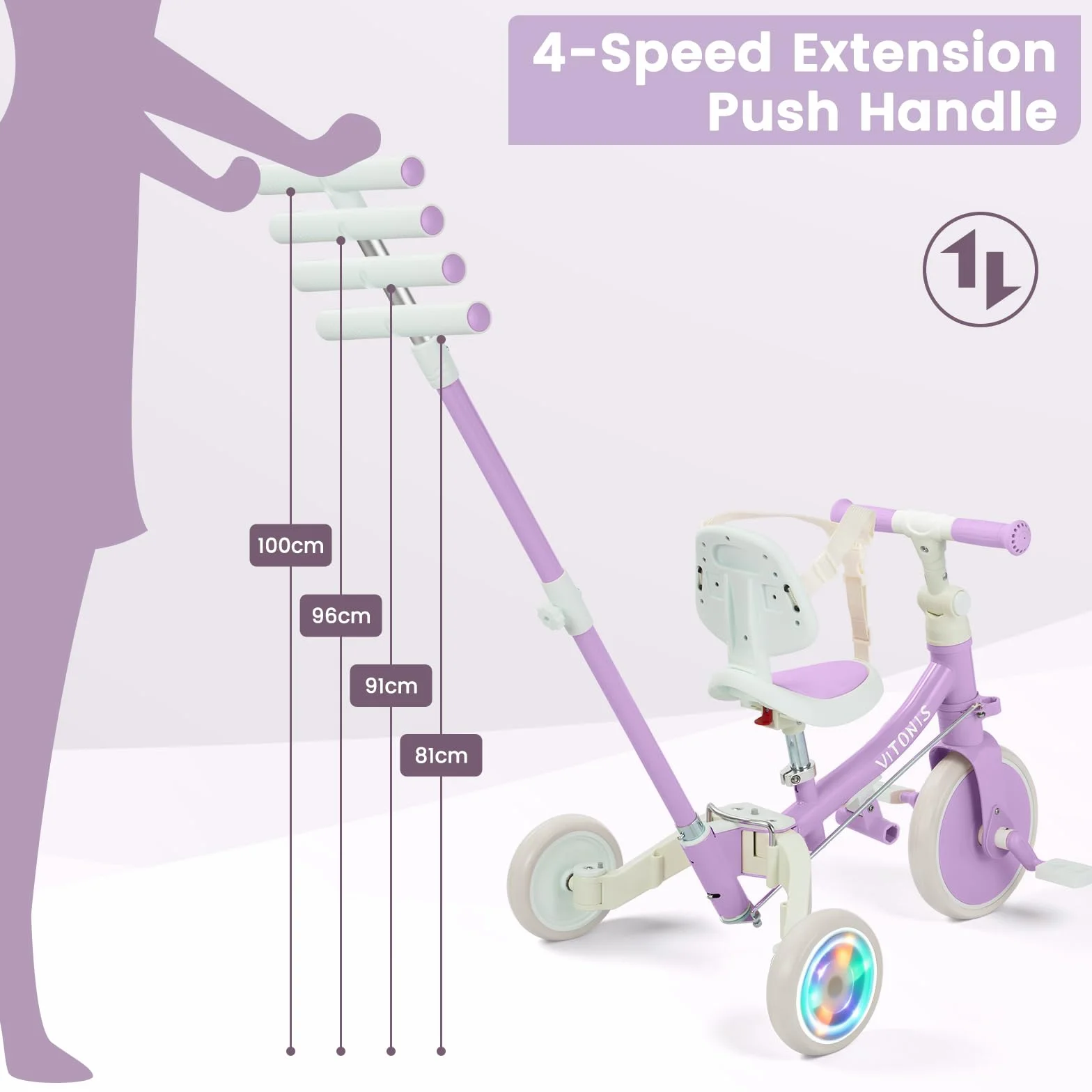 VITONIS Triciclo Infantil 5 en 1 para niños de 18 Meses a 5 años, con Ruedas Luminosas, Barra de Empuje, Respaldo y cinturón de Seguridad, Regalo para niños y niñas, Bicicleta sin Pedales, Morado