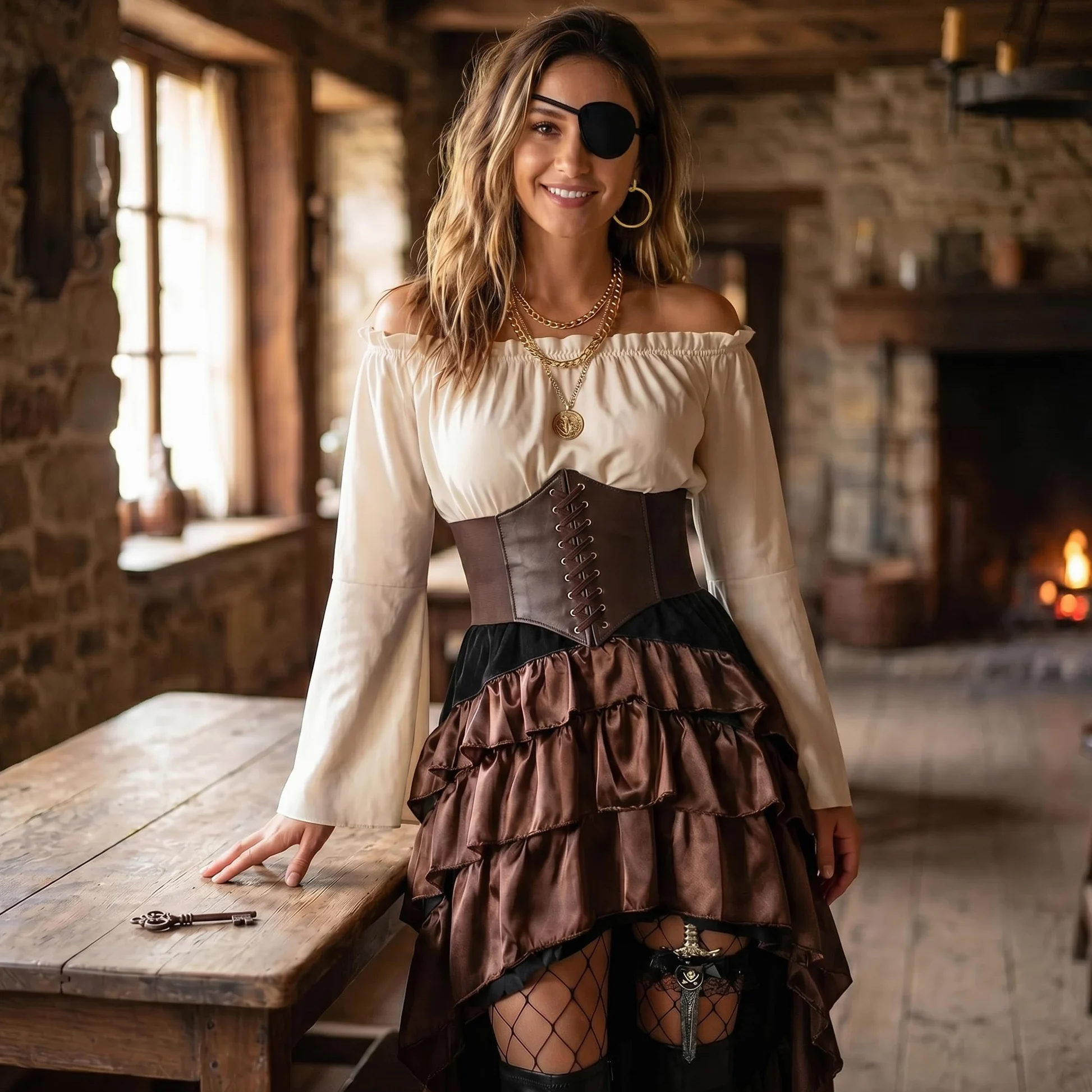 CICOCI Disfraz de pirata para mujer, corsé renacentista, falda steampunk, accesorios de pirata, disfraz completo de Halloween