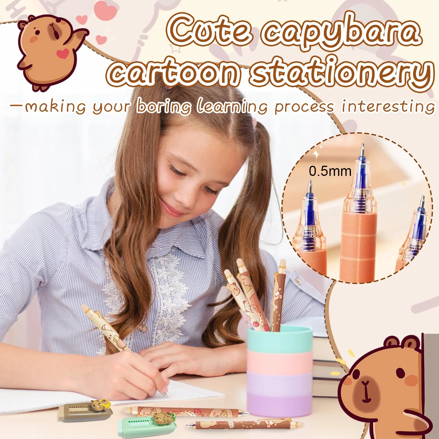 4 Gomas de Borrar Rretráctil Capibara 6 Boligrafos Borrable Azul Bolis Borrables Goma de Borrable Capybara Papeleria Set para estudiantes y adultos para la Escuela y Oficina(0,5 mm)