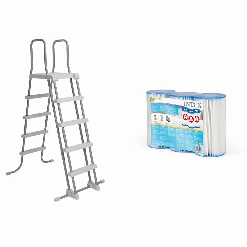 Intex Escalera ESCALERAS Desmontables (para Piscinas DE 52 Pulgadas), Gris, 130x33x182 cm & 29003-PACK 3 Cartuchos Filtro Tipo A