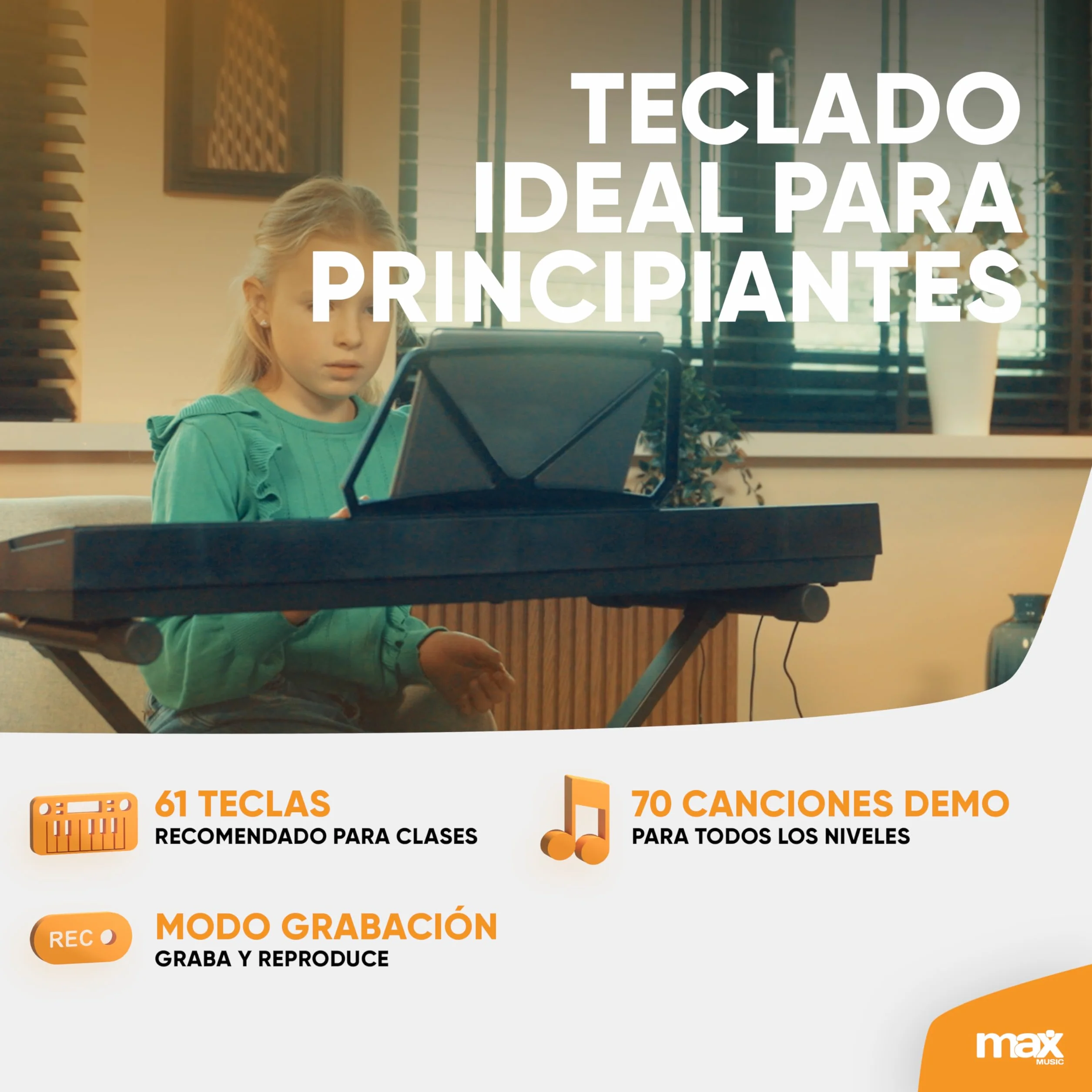 MAX KB15 - Teclado piano con 61 teclas, micrófono y pantalla, teclado con soporte, 8 horas de batería, 70 canciones, 16 sonidos, 8 percusiones, función de aprendizaje, teclado piano para niños, USB-C