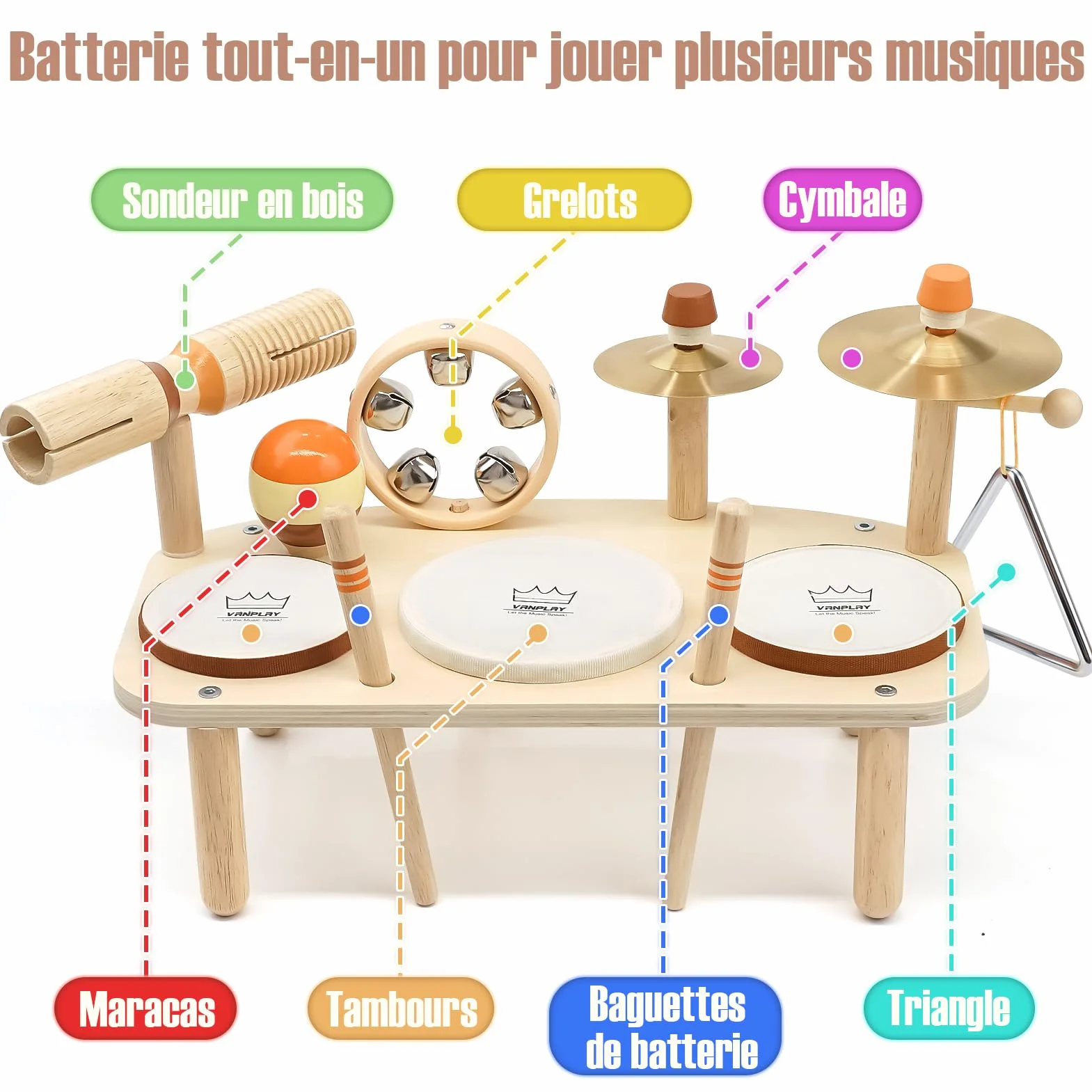 Vanplay Juguetes musicales para bebés de 1 año en adelante con 3 tambores y sonajero de cascabeles, tambor infantil juguete musical, juguete Montessori para niños y niñas a partir de 1 año