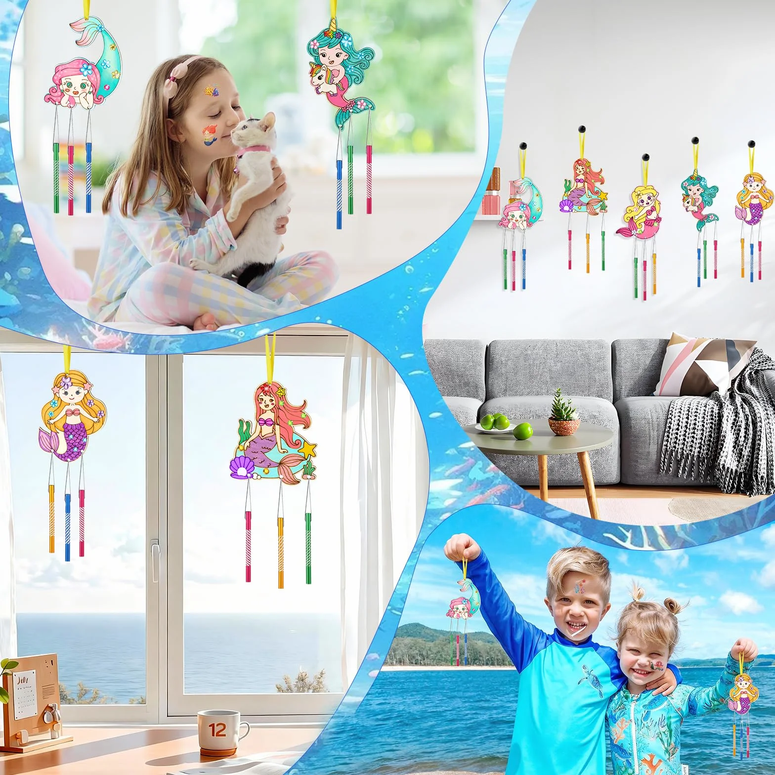 SRIZIAN 10piezas Sirena Manualidades para Niñas Kit de Manualidades de Campanillas de Viento de Madera de Sirena Regalos Manualidades Decoración para Fiestas Puertas y Jardines Bricolaje