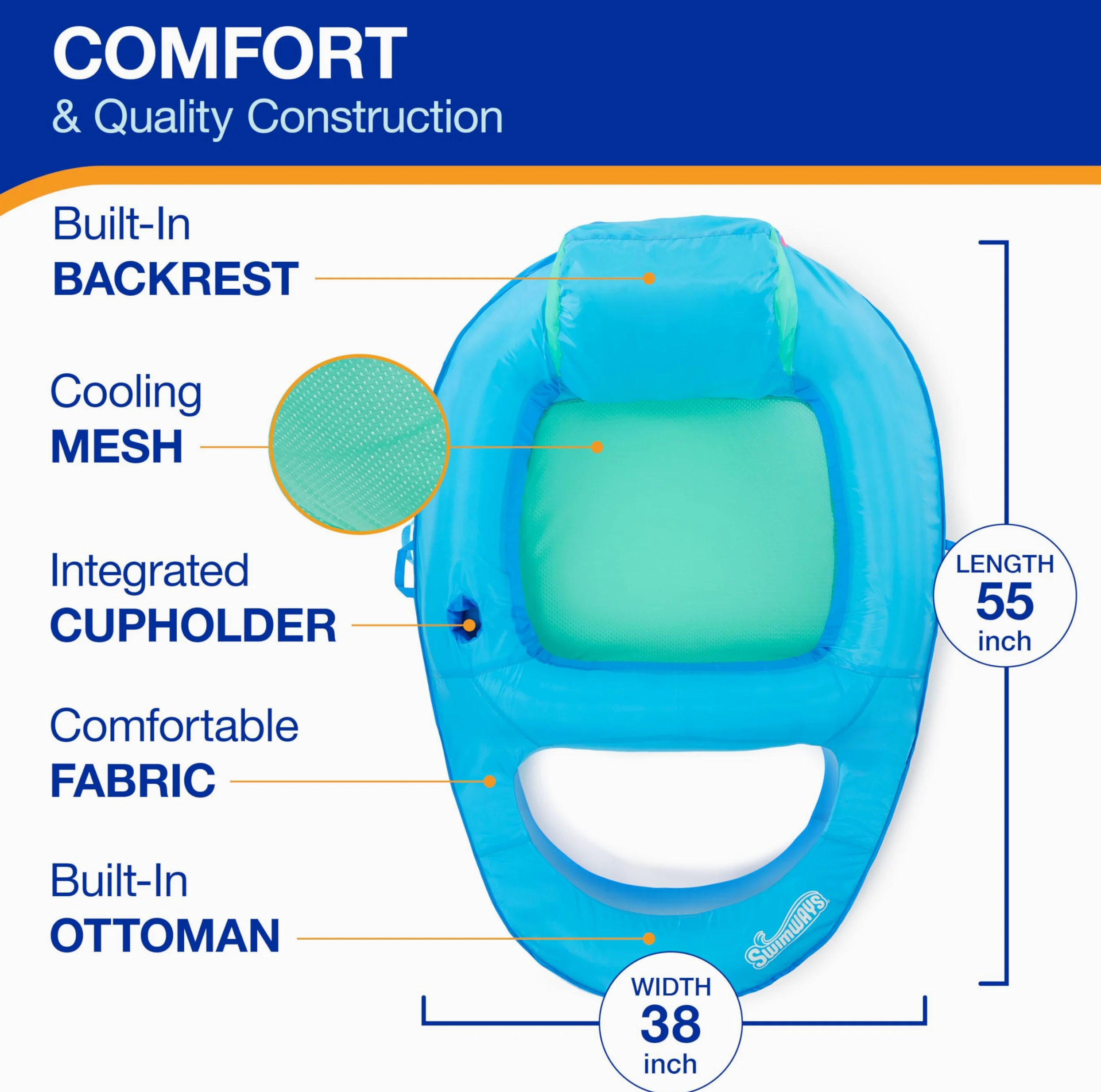 SwimWays Spring Float - Silla reclinable para Piscina con válvula Hyper-Flate, Color Aguamarina