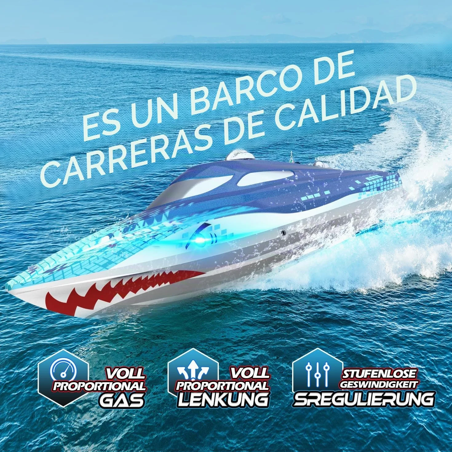 DEERC RC Boat con iluminación LED, barco tiburón teledirigido para piscinas y lagos, más de 20 km/h, barco de carreras de 2,4 GHz, juguete de piscina para niños a partir de 8 años