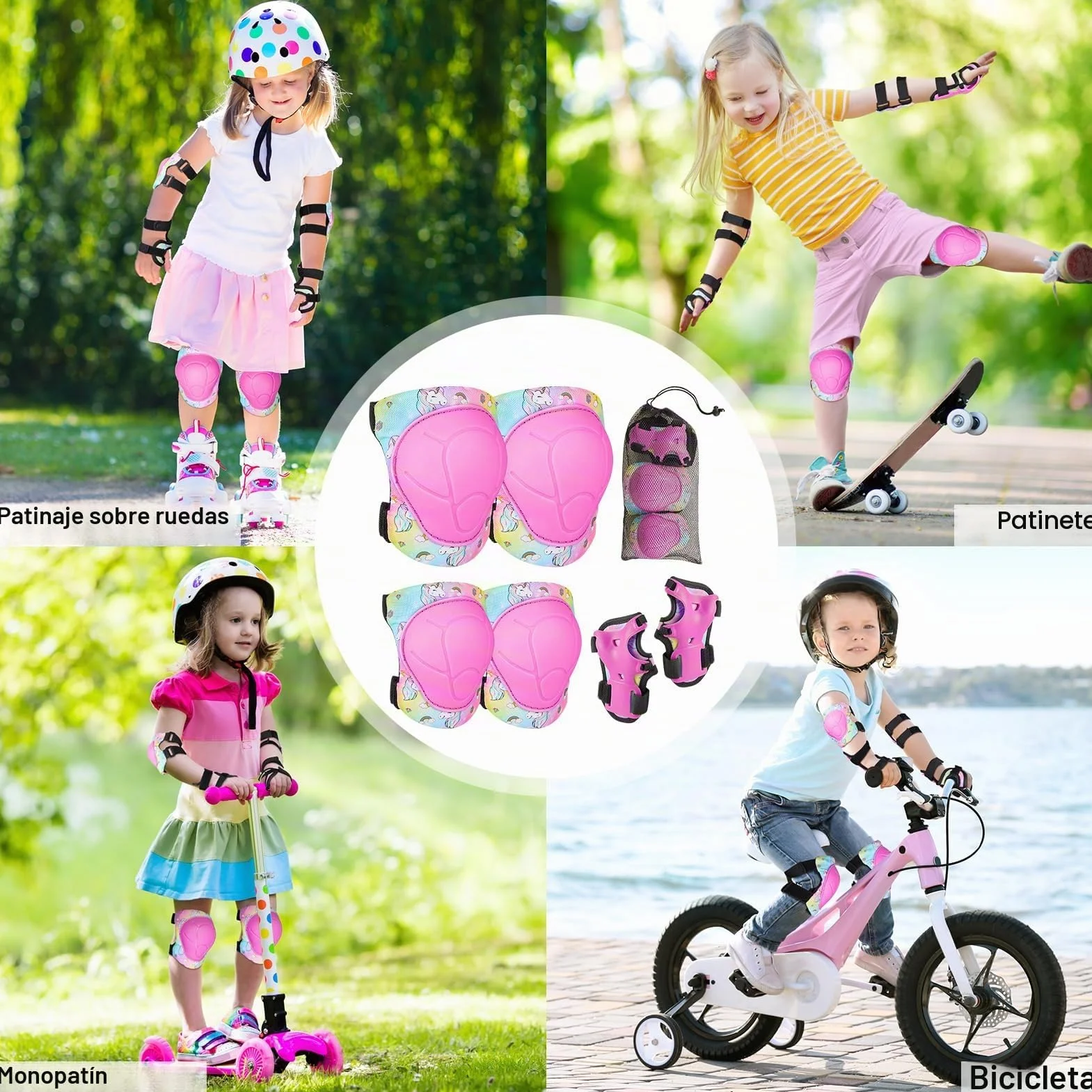 Protecciones Patines Niña Rodilleras y Coderas Niño 7 Piezas Hebilla Ajustable Patinaje Línea Skate Scooter Skateboard Bicicleta 3-8 Años