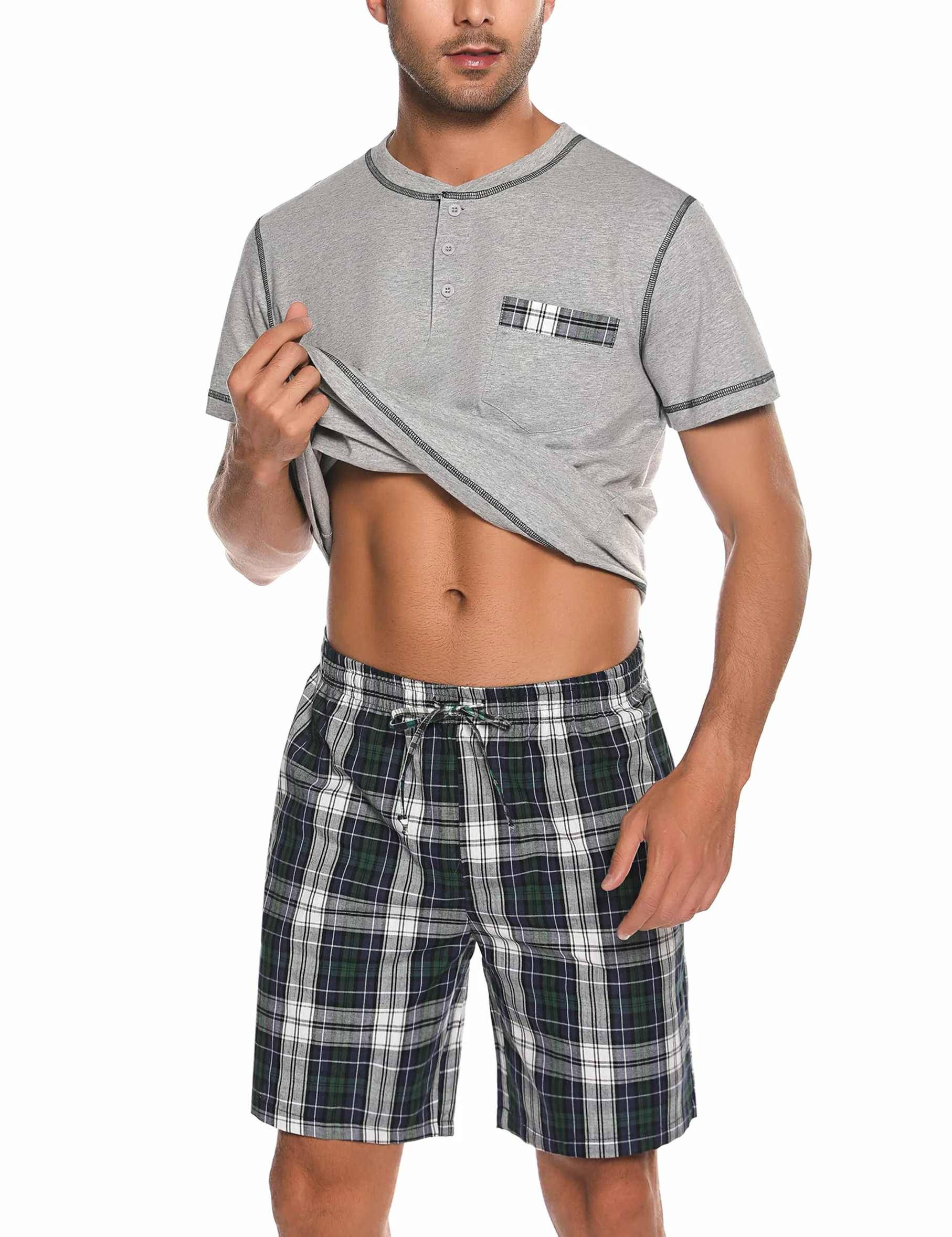 Litherday Pijama Hombre Algodón Manga Corta Cuadros Conjunto 2 Piezas S-XXL