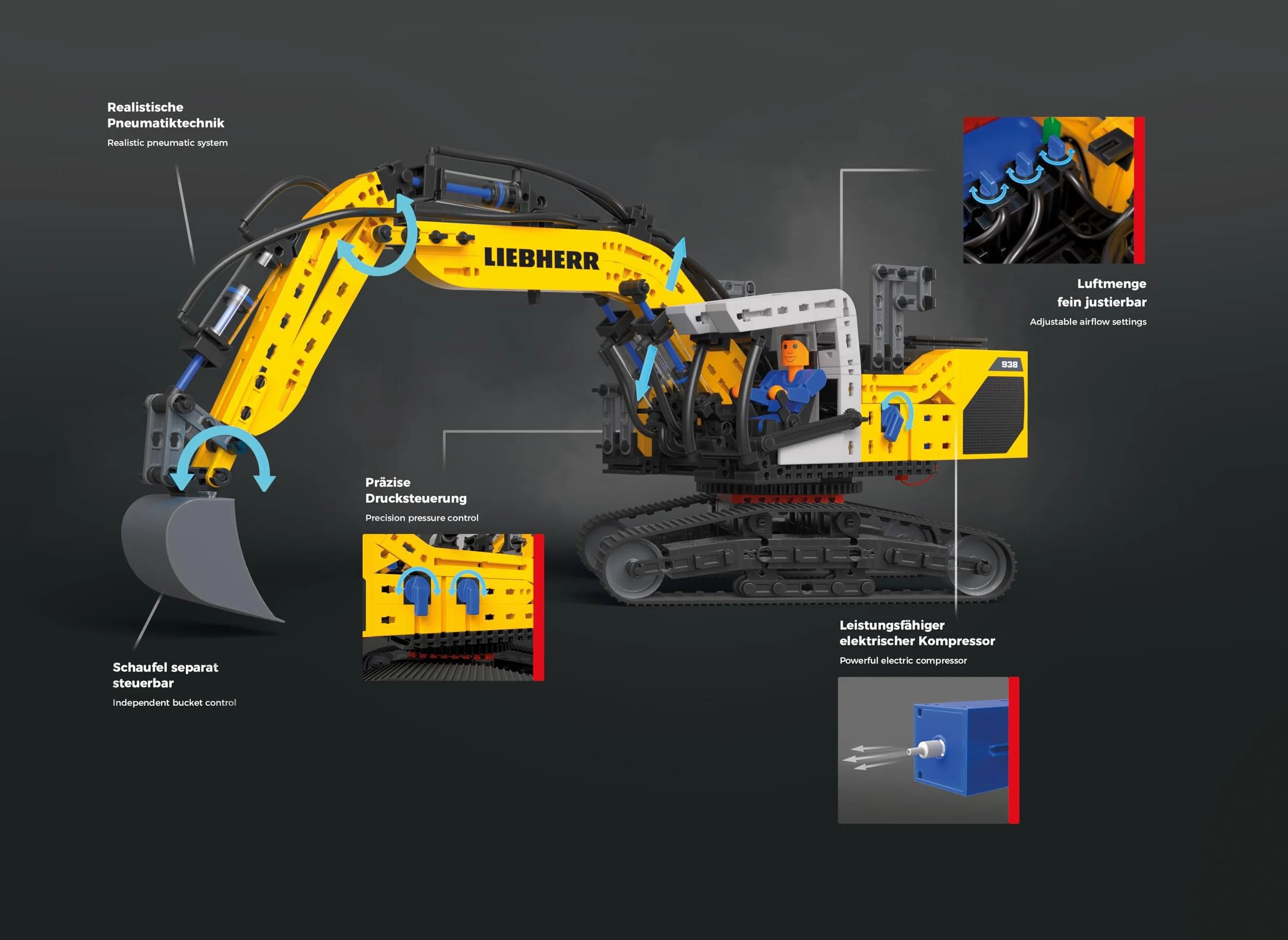 fischertechnik 576450 Liebherr R938 Excavadora Neumática – Kit de construcción Realista para niños Desde 10 años y Adultos, 689 Piezas, Amarillo